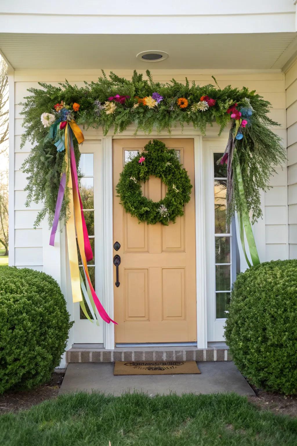 A decorative wreath creates an inviting entrance.