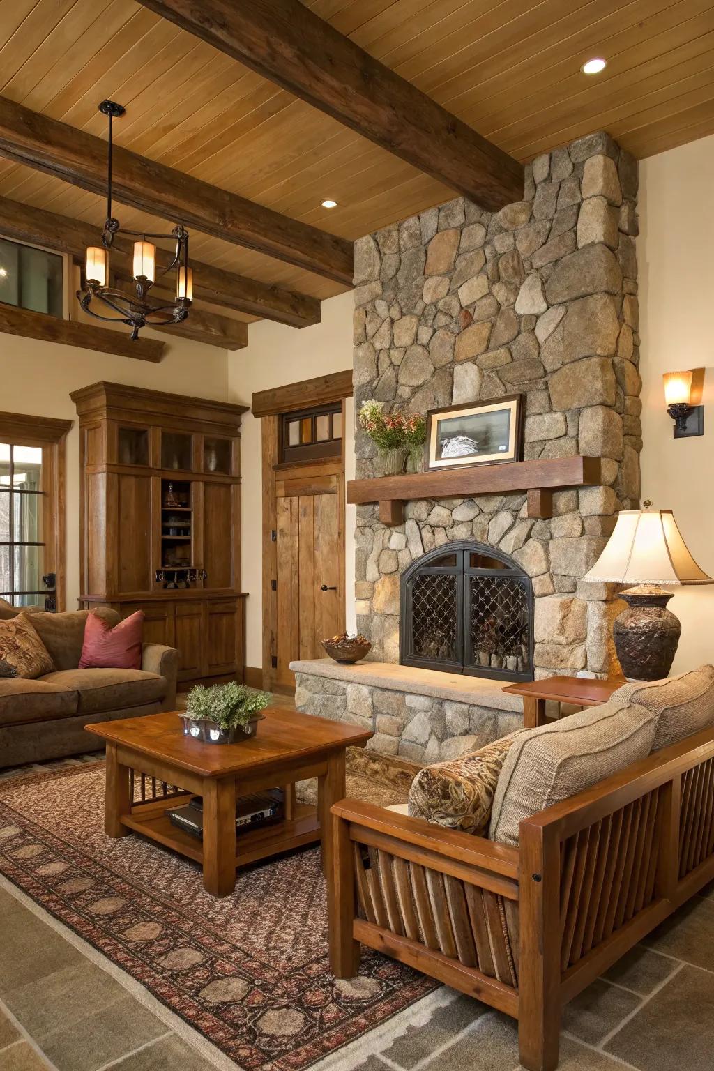 Wood and stone elements add warmth and grounding.