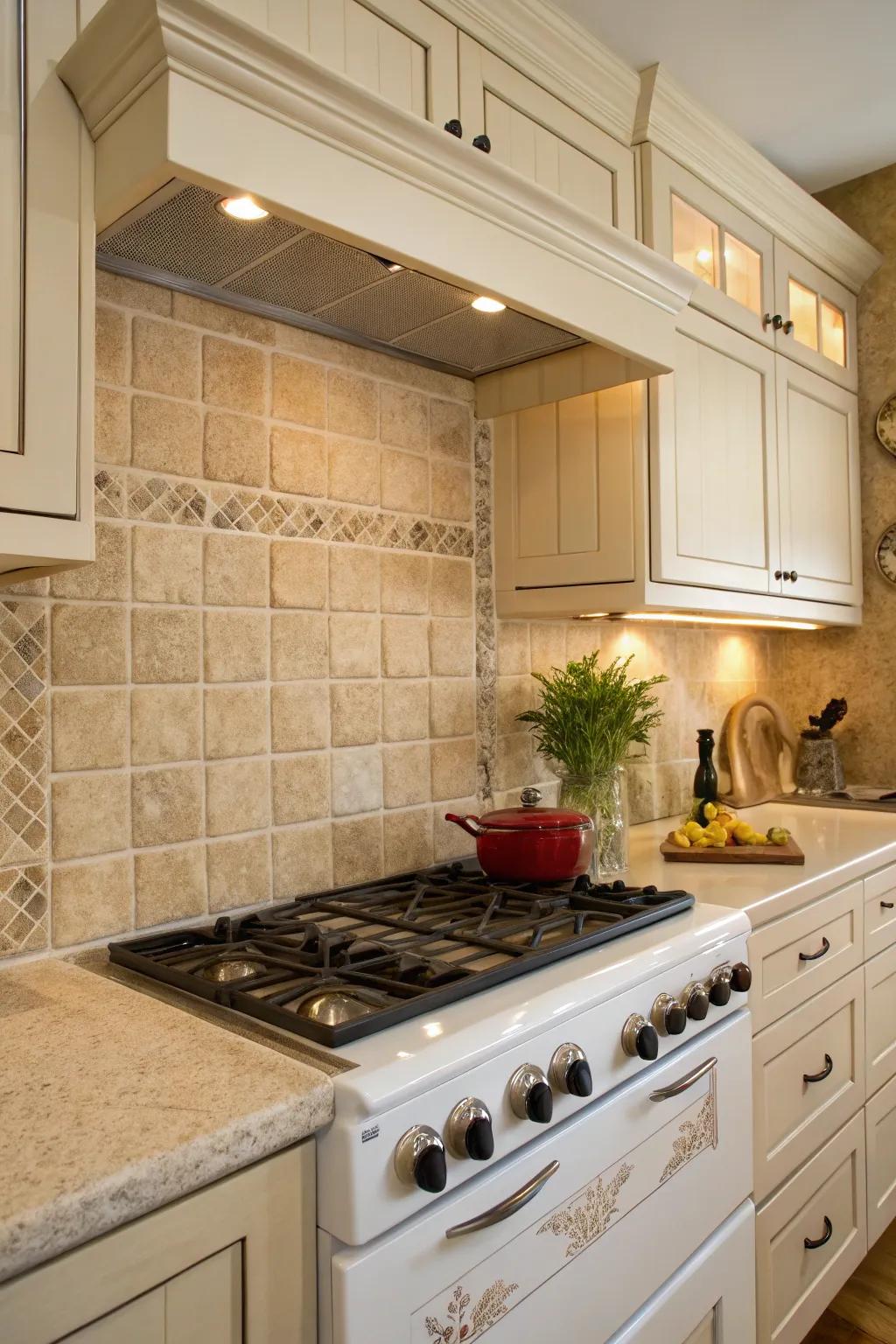 Beige tiles create a calm and balanced kitchen backdrop.