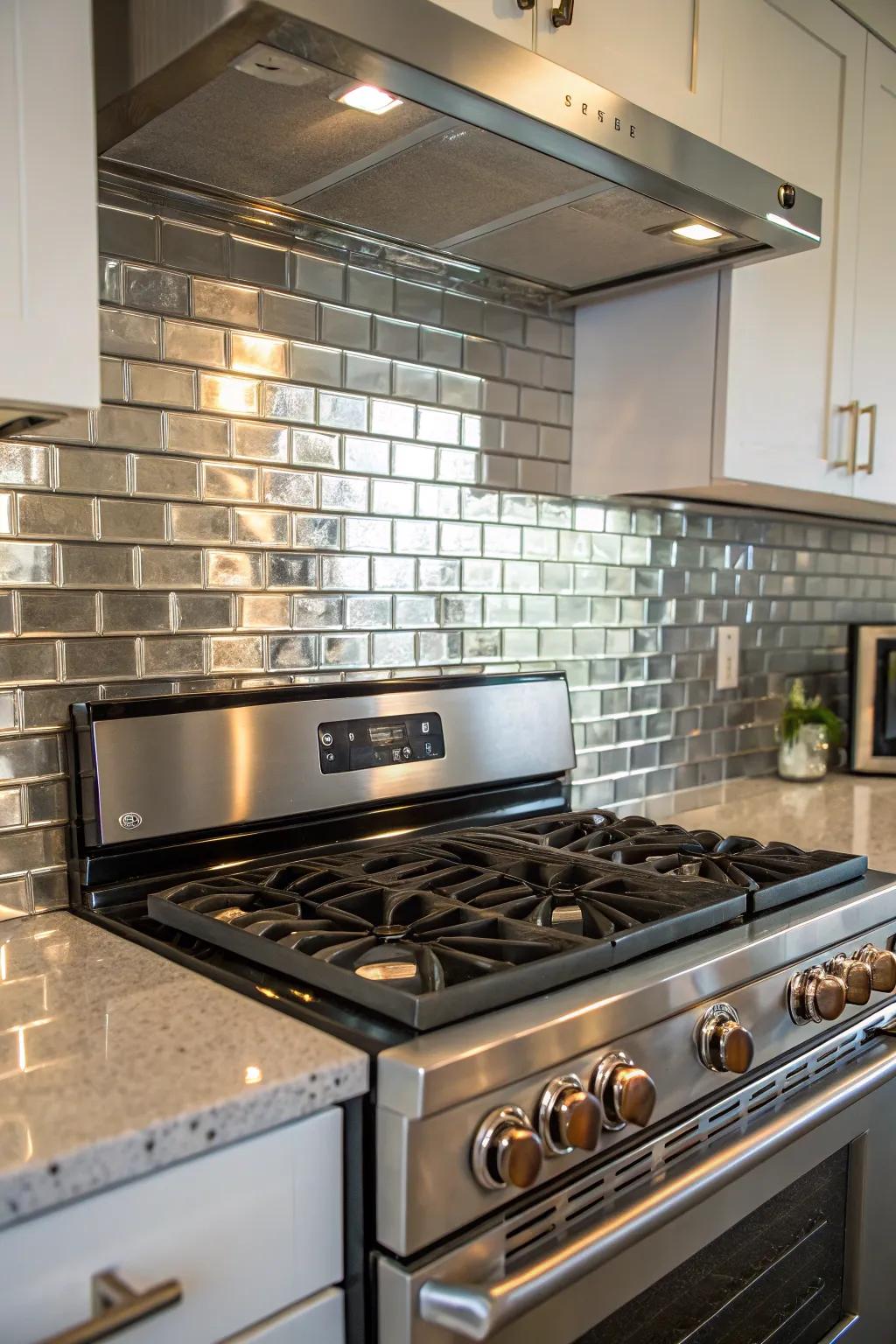 Reflective glass and metal tiles brighten and modernize kitchens.
