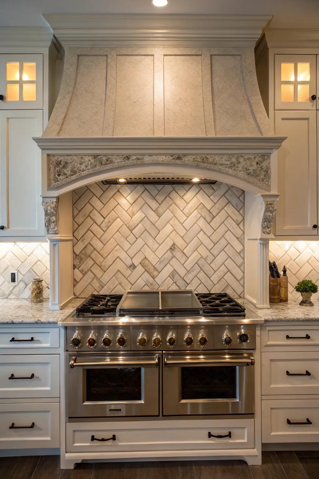 Herringbone tile patterns add timeless sophistication.