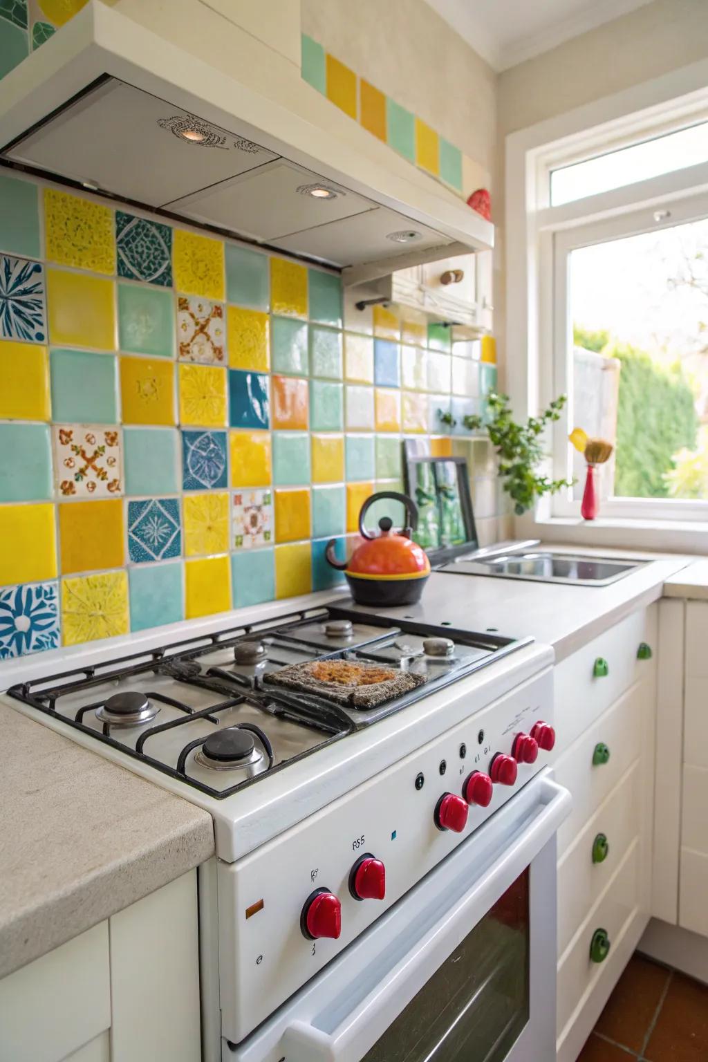 Bright tiles add energy and fun to kitchen spaces.