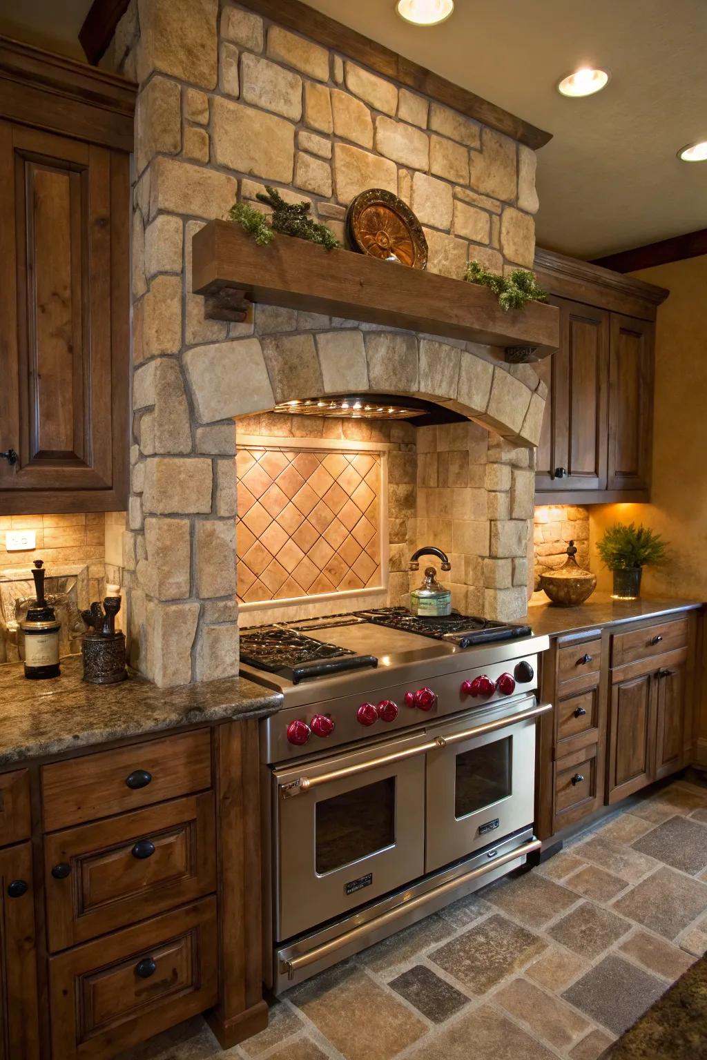 Stone tiles create a cozy, rustic kitchen atmosphere.