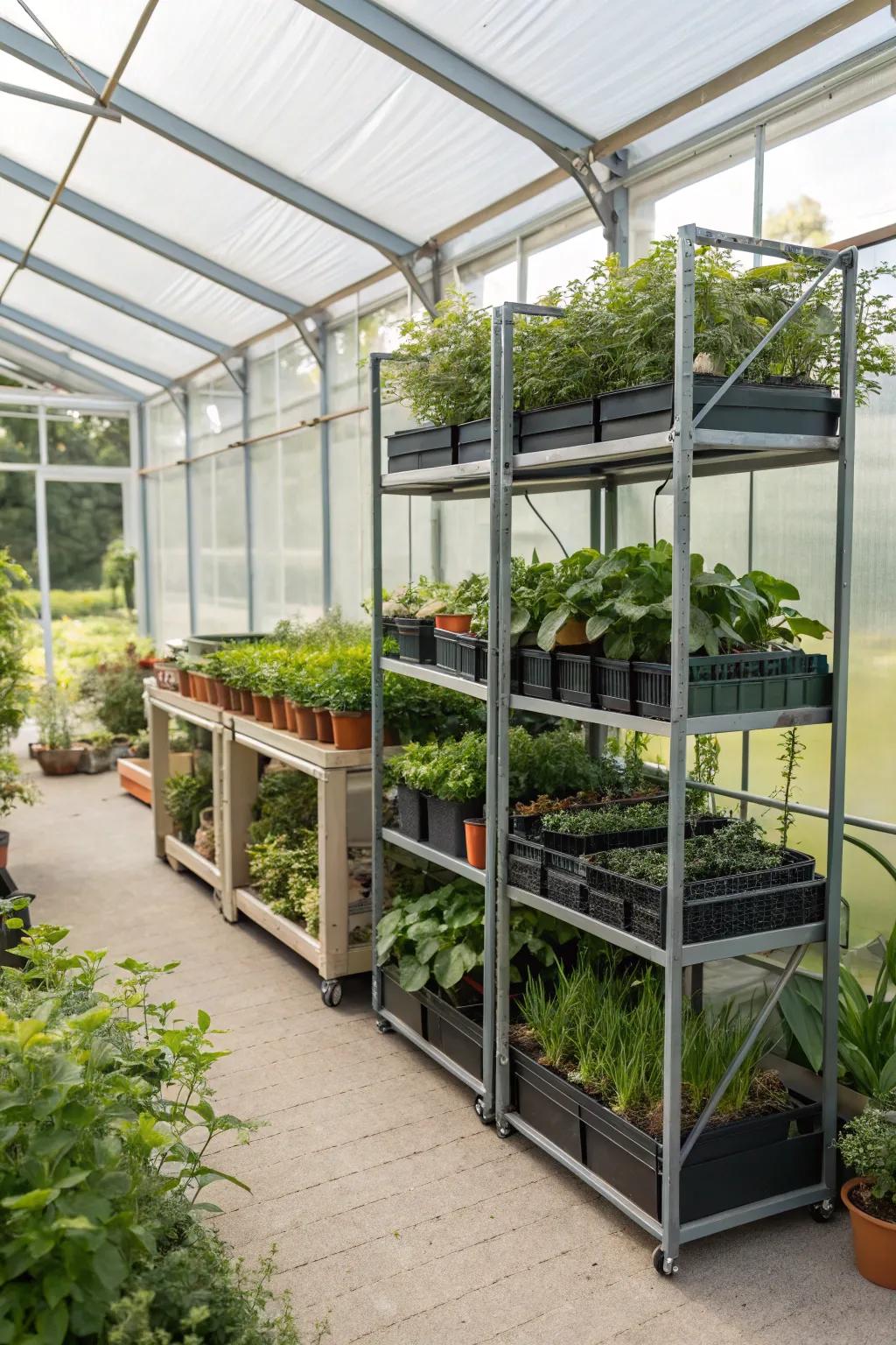 Foldable shelving units for adaptable greenhouse setups.