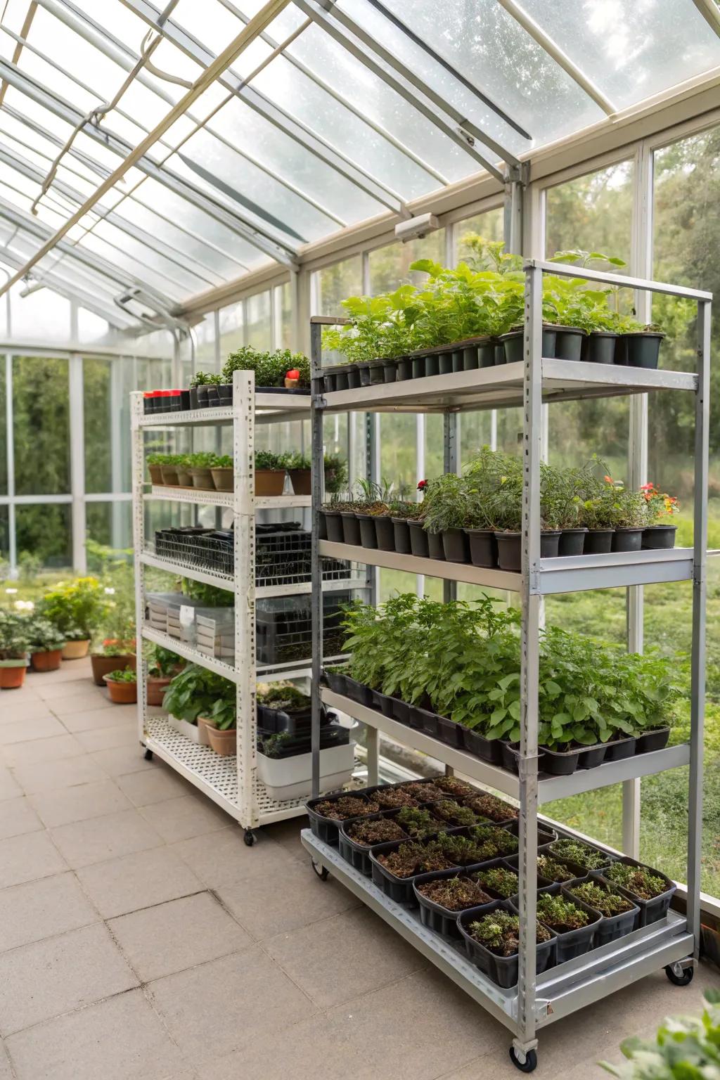 Flexible adjustable shelves for diverse plant sizes.