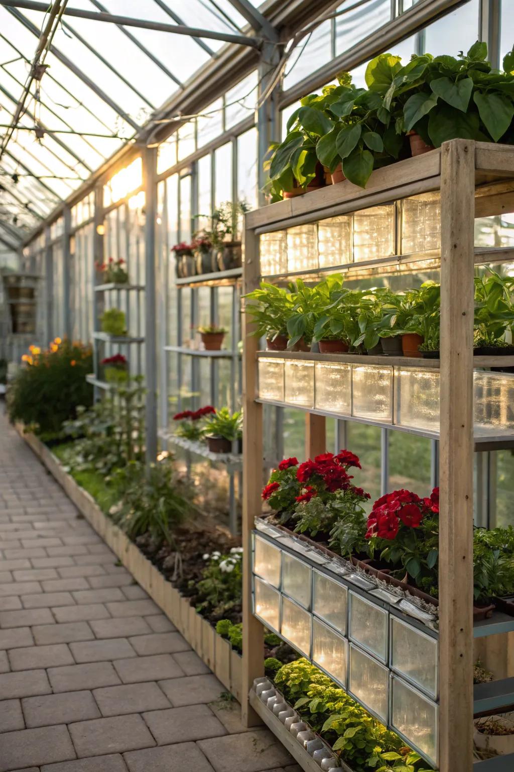 Glass block shelves creating luminous plant displays.