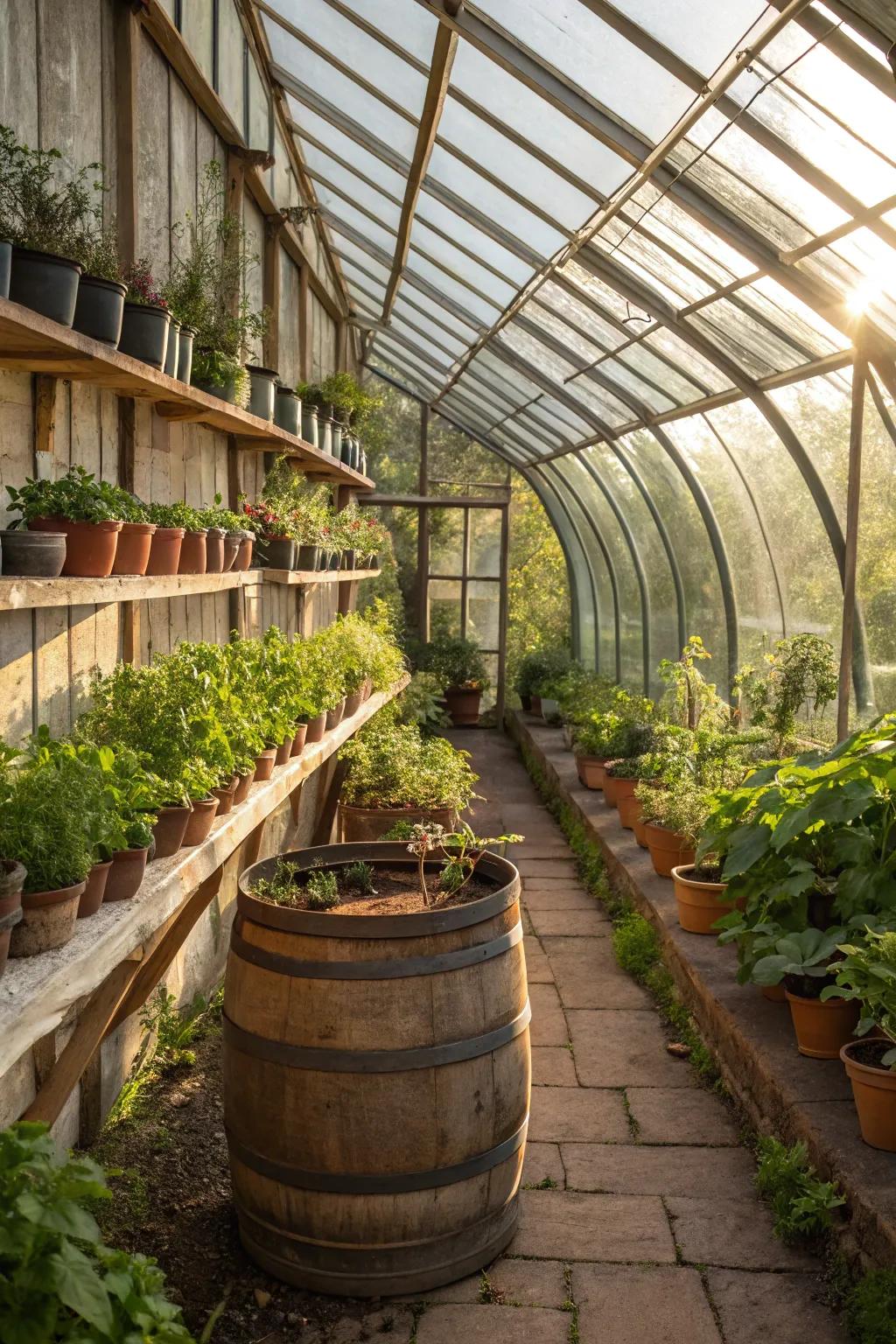 Barrel shelving combining rustic aesthetics with practicality.
