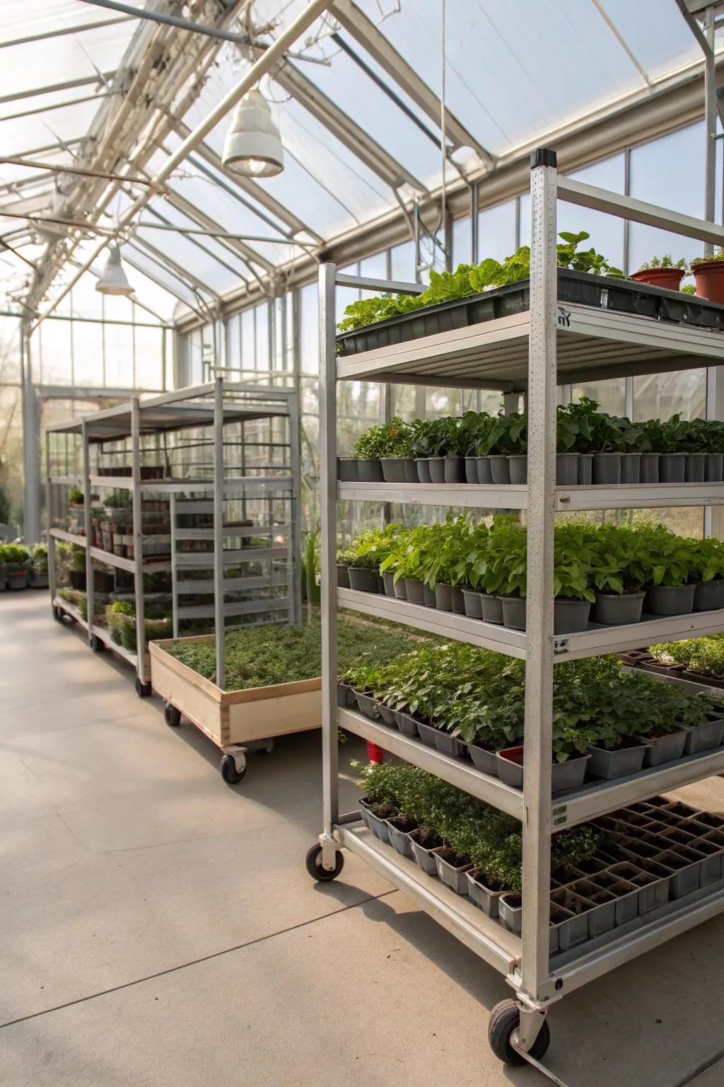 Mobile shelving units on wheels for easy repositioning.