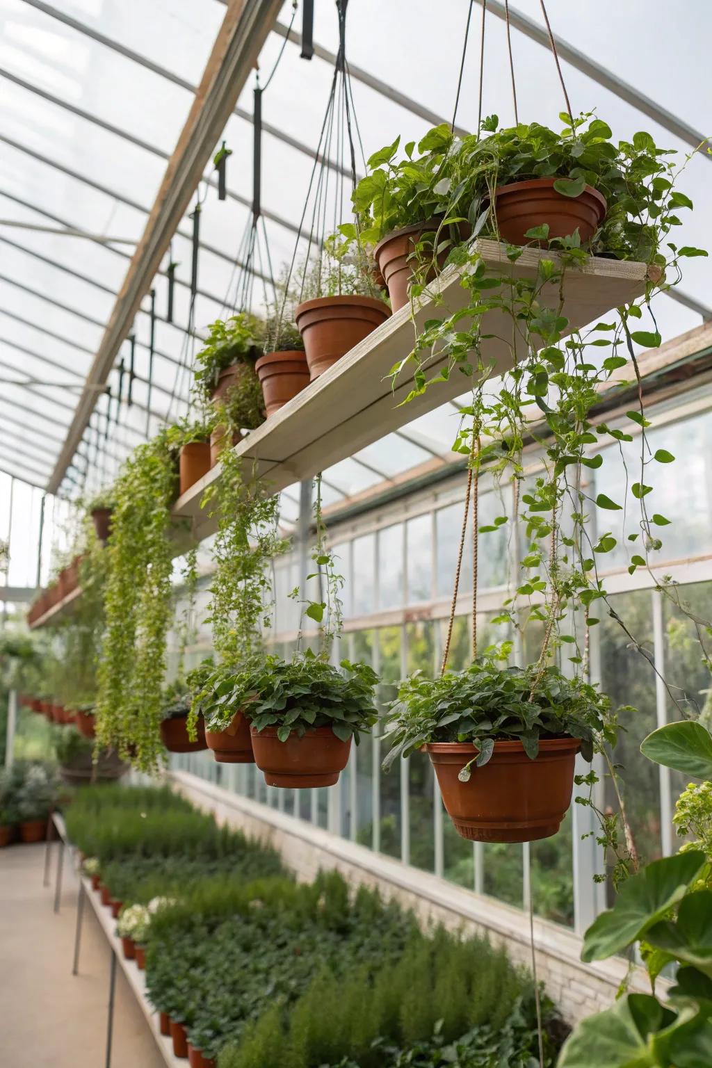 Hanging shelves making use of overhead greenhouse space.