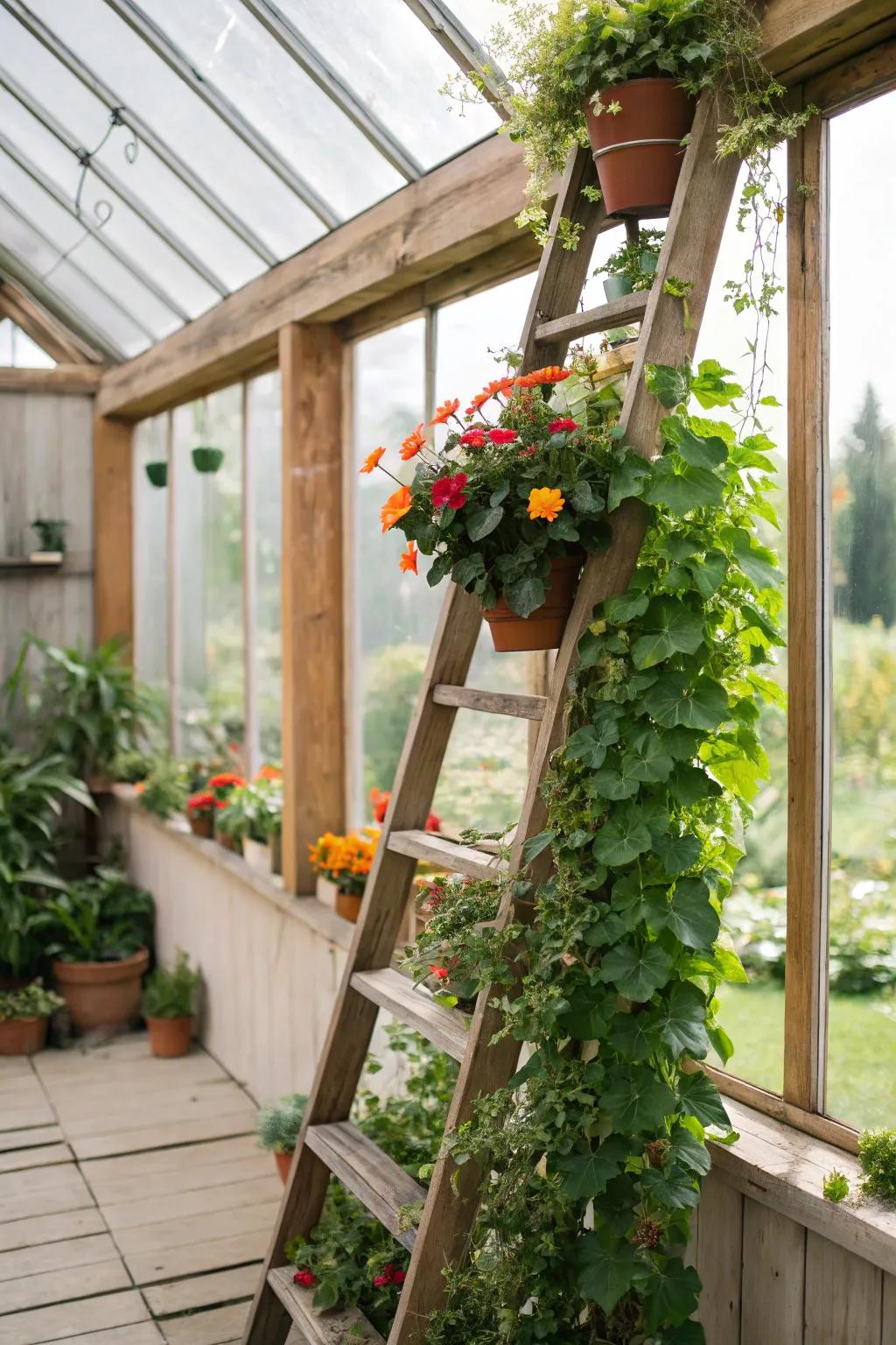 Ladder shelving showcasing trailing plants stylishly.