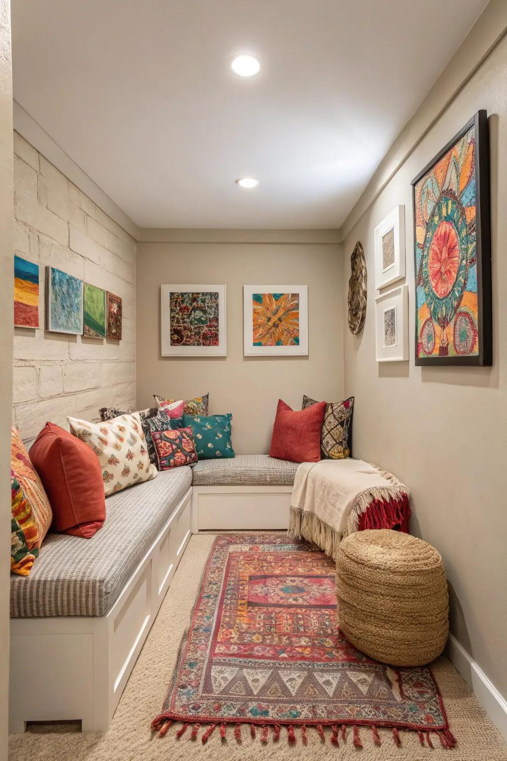 Neutral palette with colorful accents.