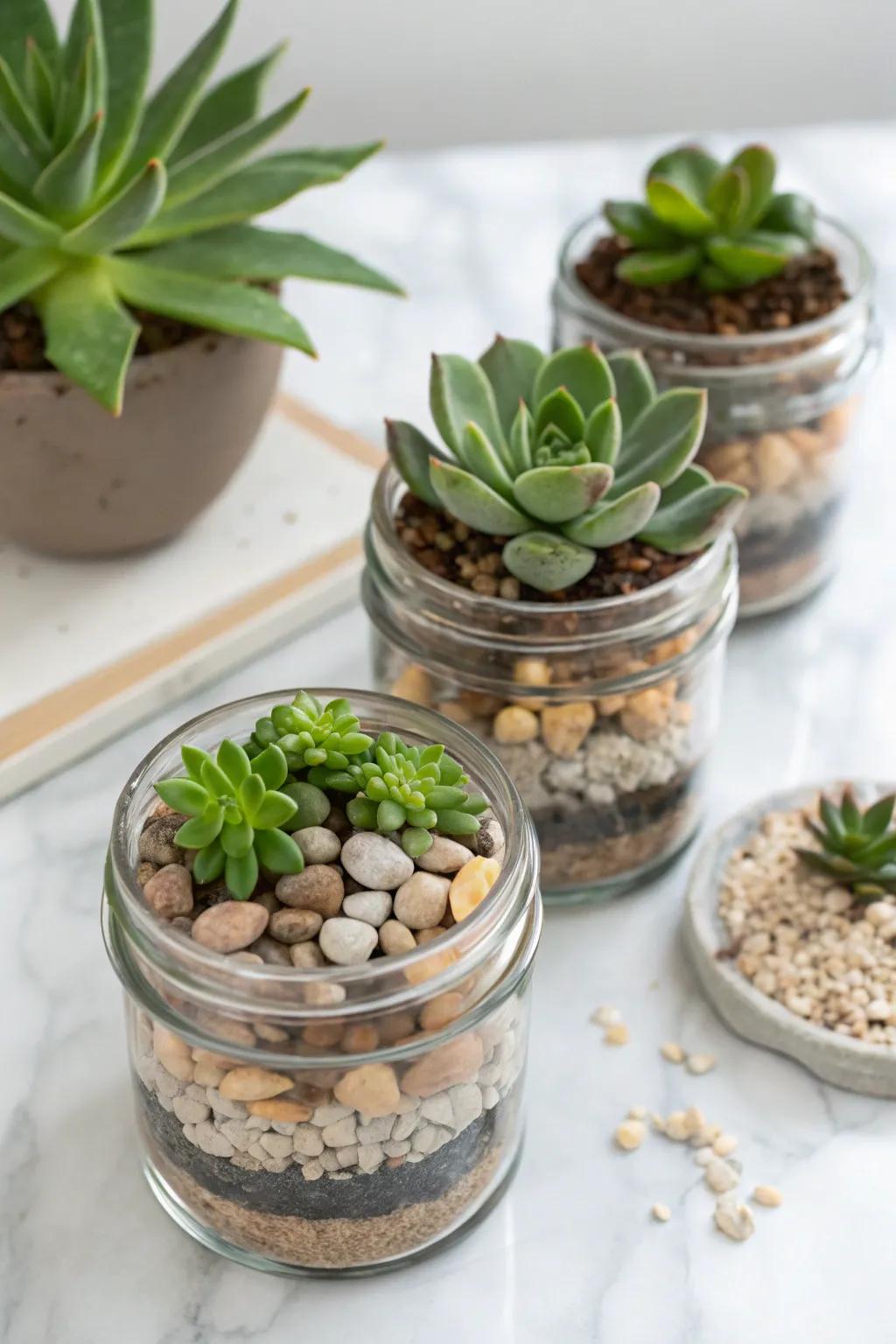 Glass jar terrariums showcasing succulents beautifully.