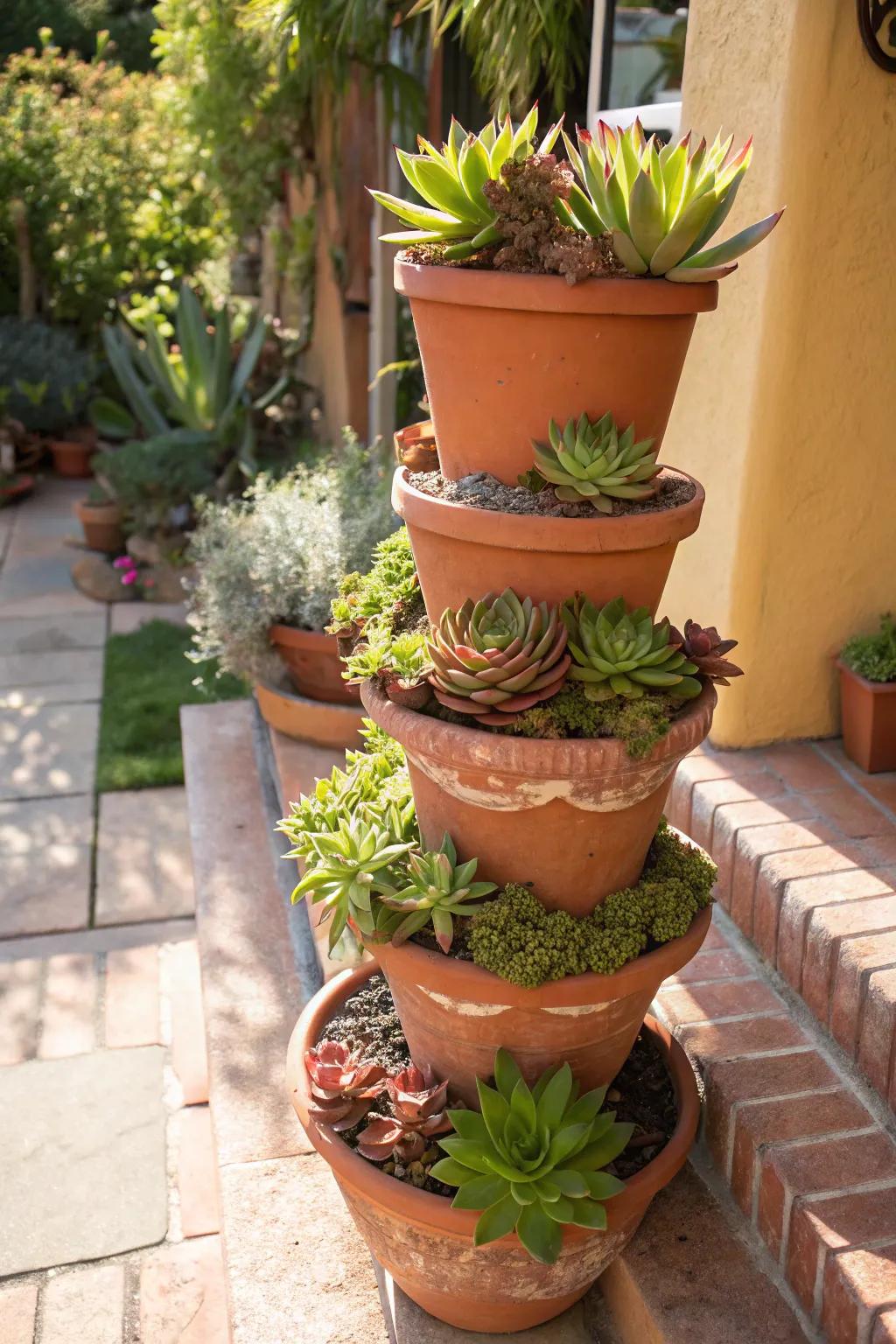 Terracotta pot towers create dynamic succulent arrangements.