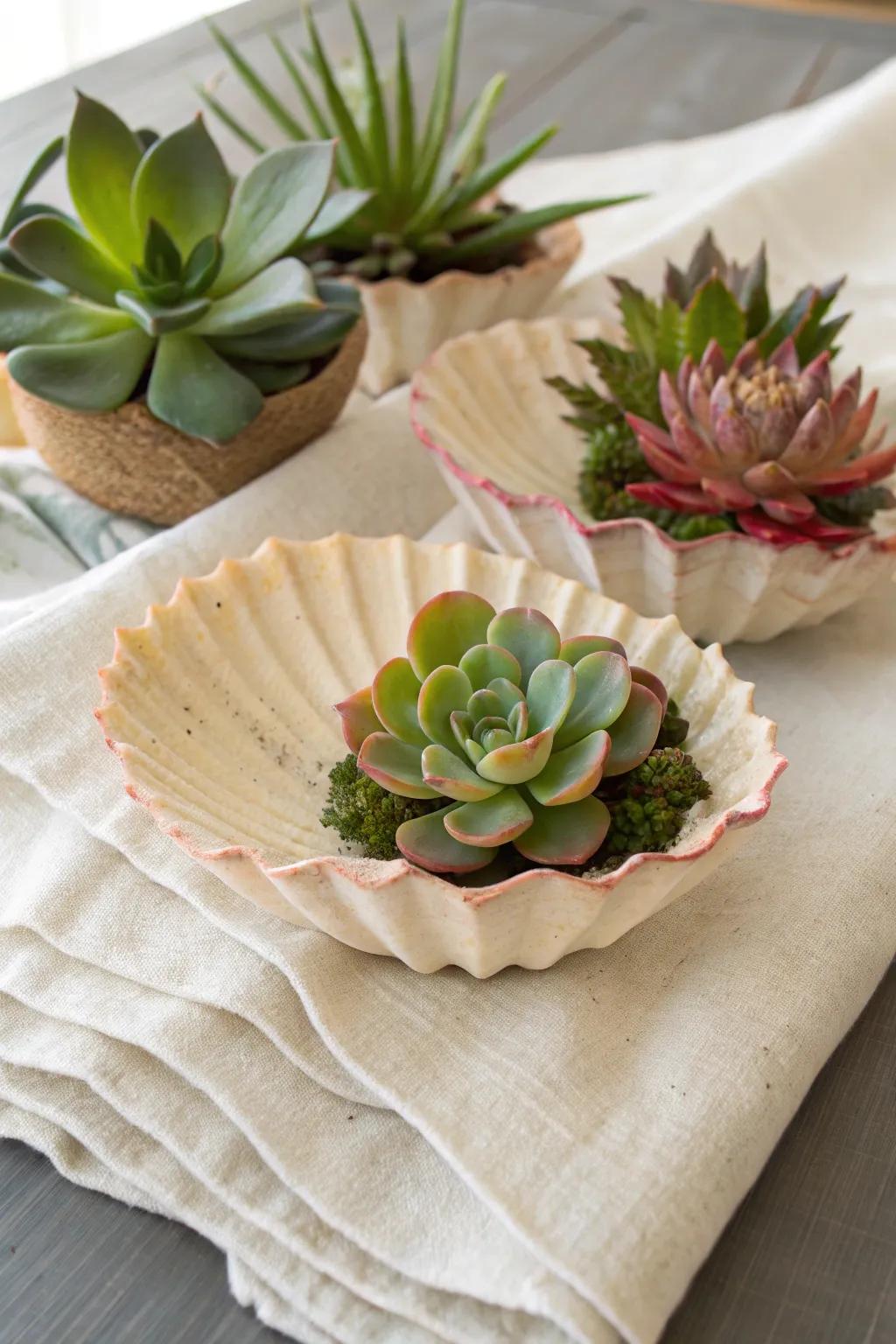 Succulents planted in decorative shells for a beachy feel.
