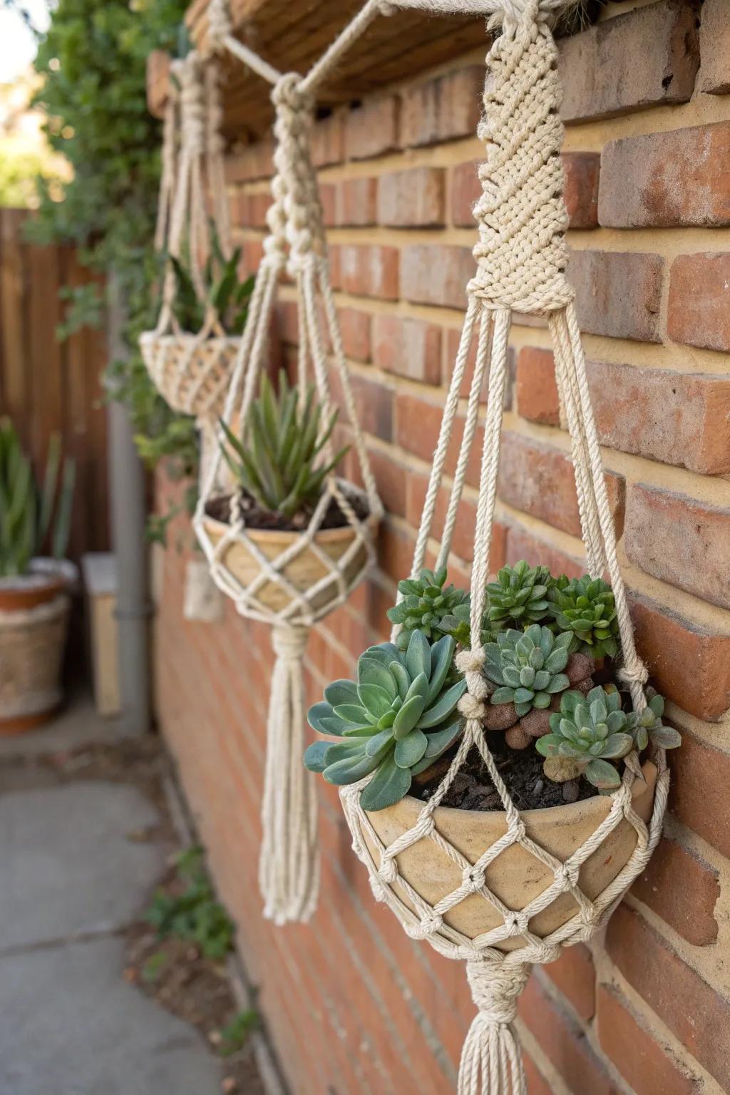 Macramé hanging planters add boho charm to succulent displays.