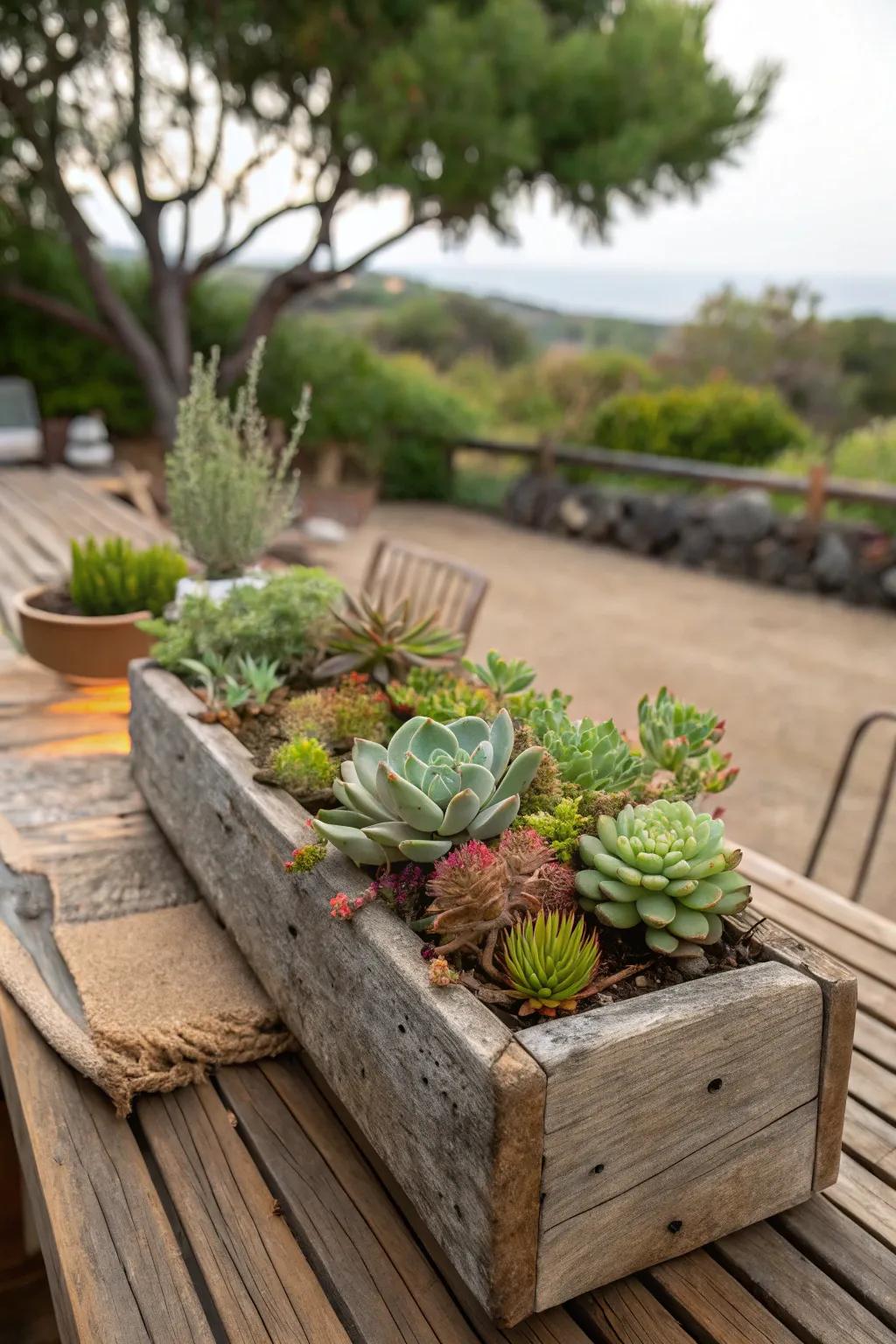 Wooden planters add rustic warmth to succulent arrangements.