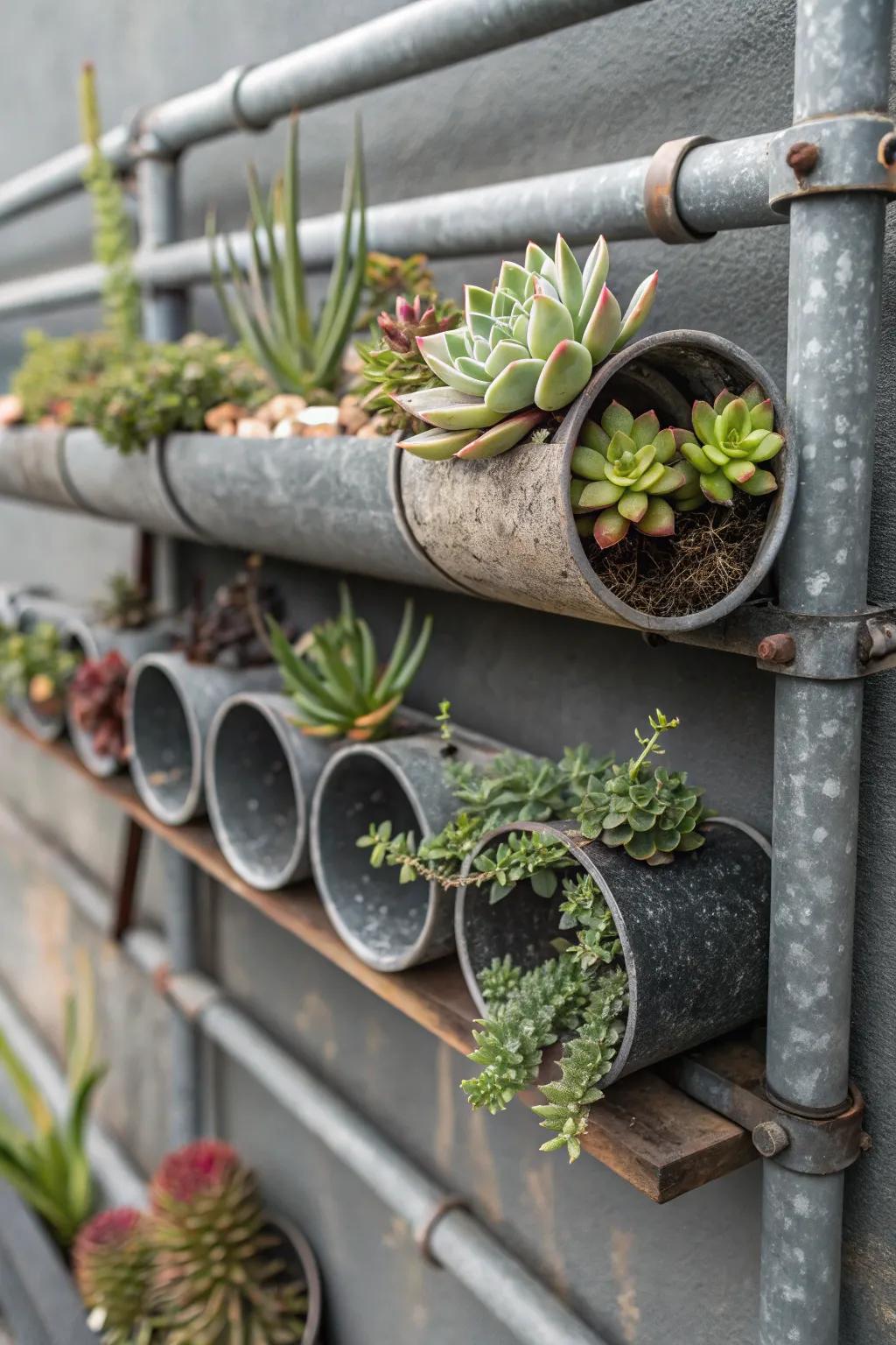 Industrial pipe planters create a bold succulent statement.