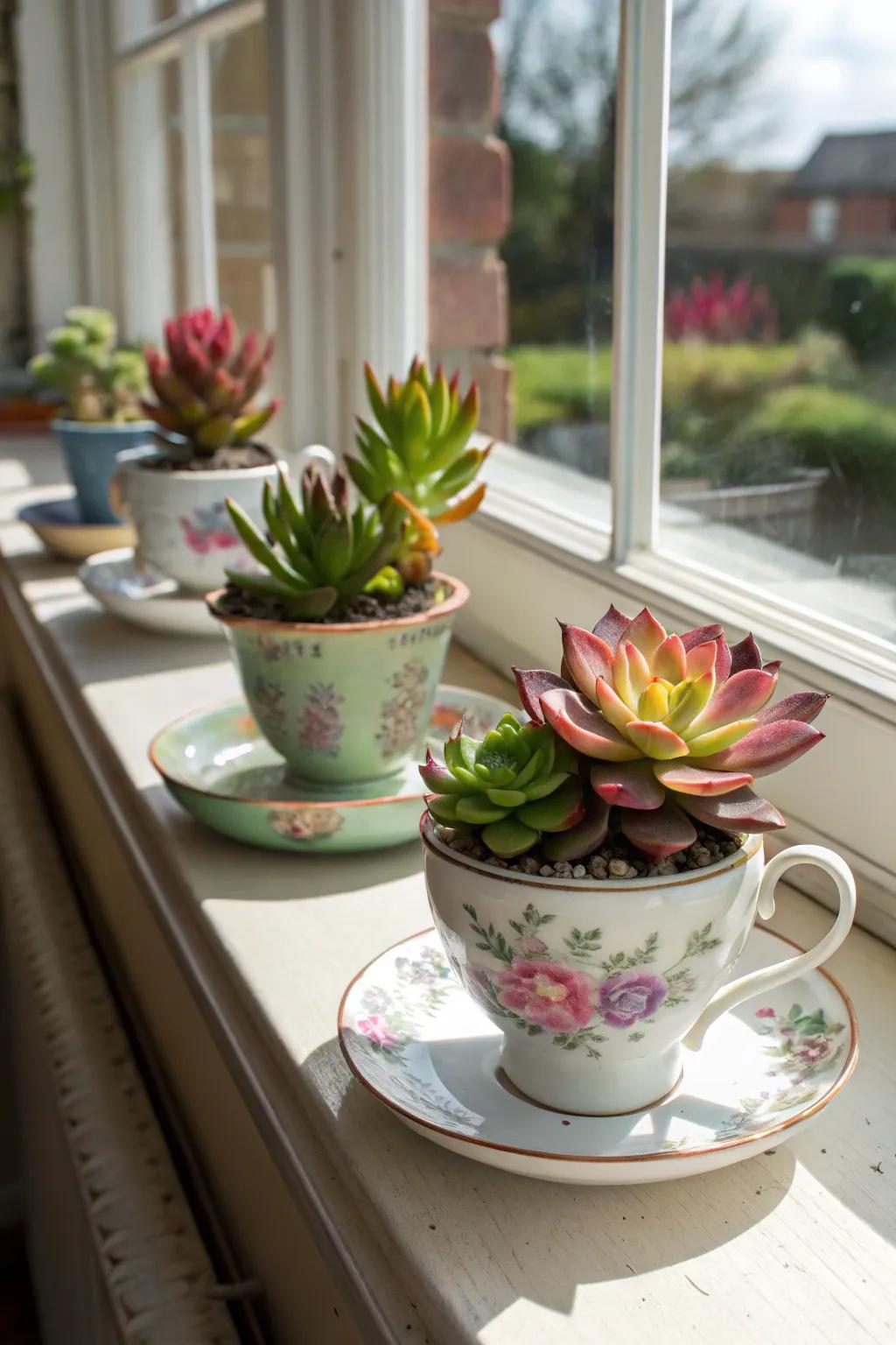 Succulents in vintage tea cups brighten windowsills.