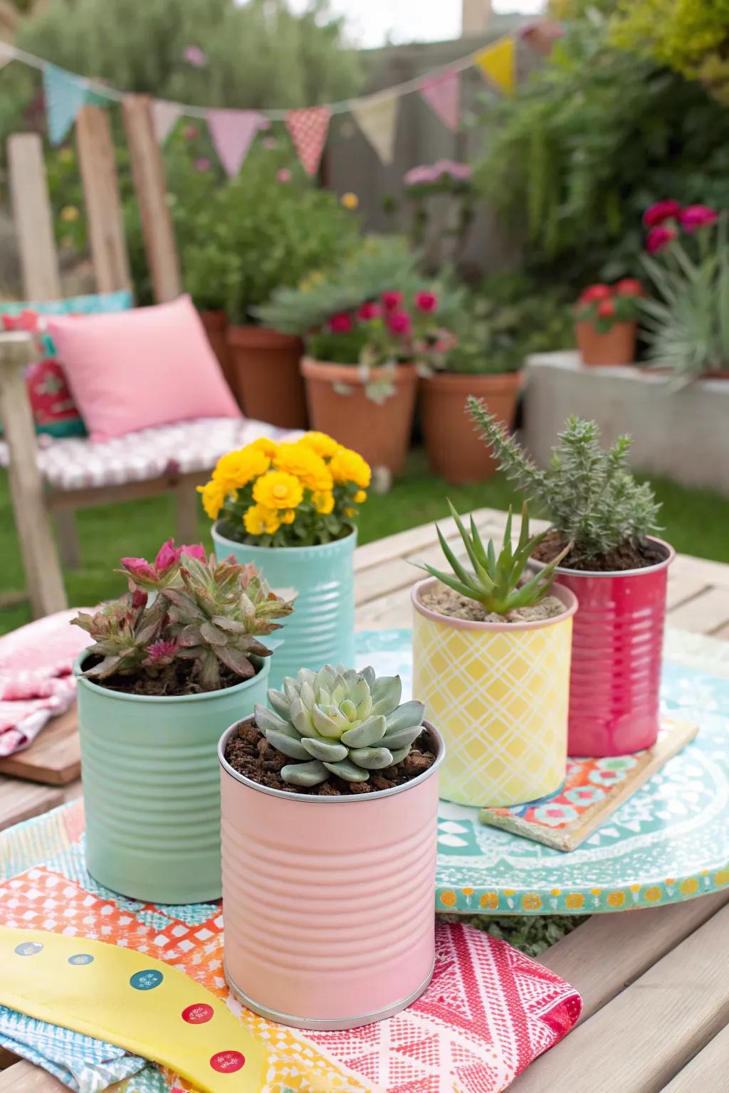 Brightly painted tin cans used as succulent planters.