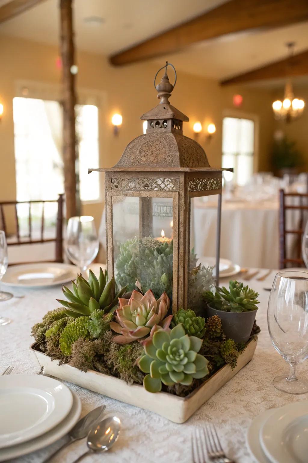 Succulents displayed inside vintage lanterns for a romantic touch.