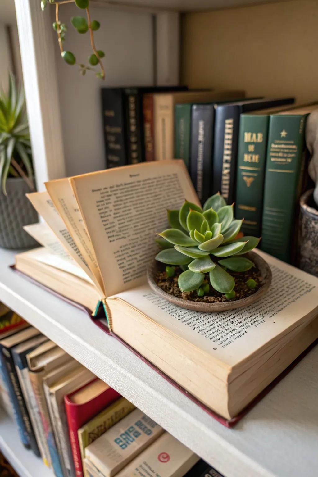 Old books transformed into unique succulent planters.