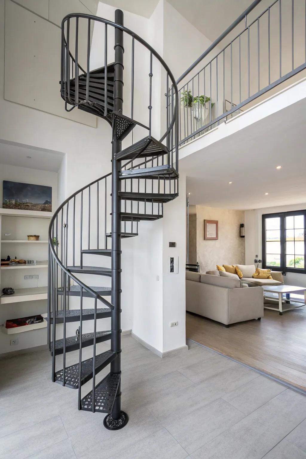 Spiral staircases optimize space while serving as artistic focal points.