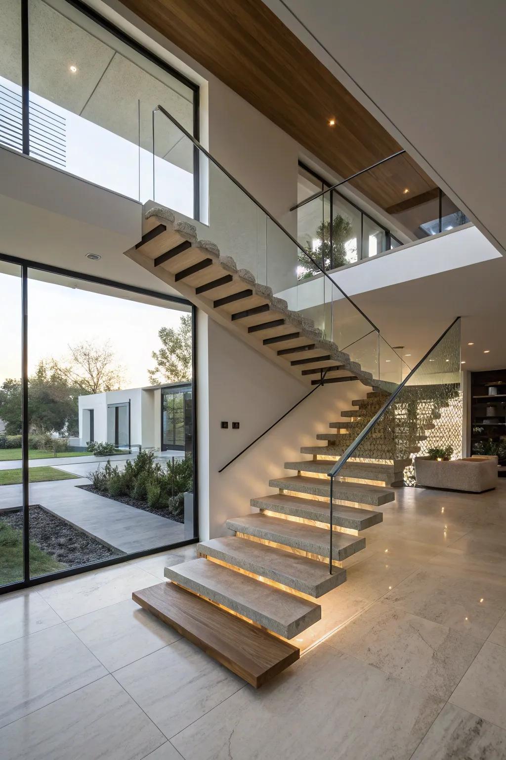 Cantilevered stairs create a floating effect, adding modern sophistication.