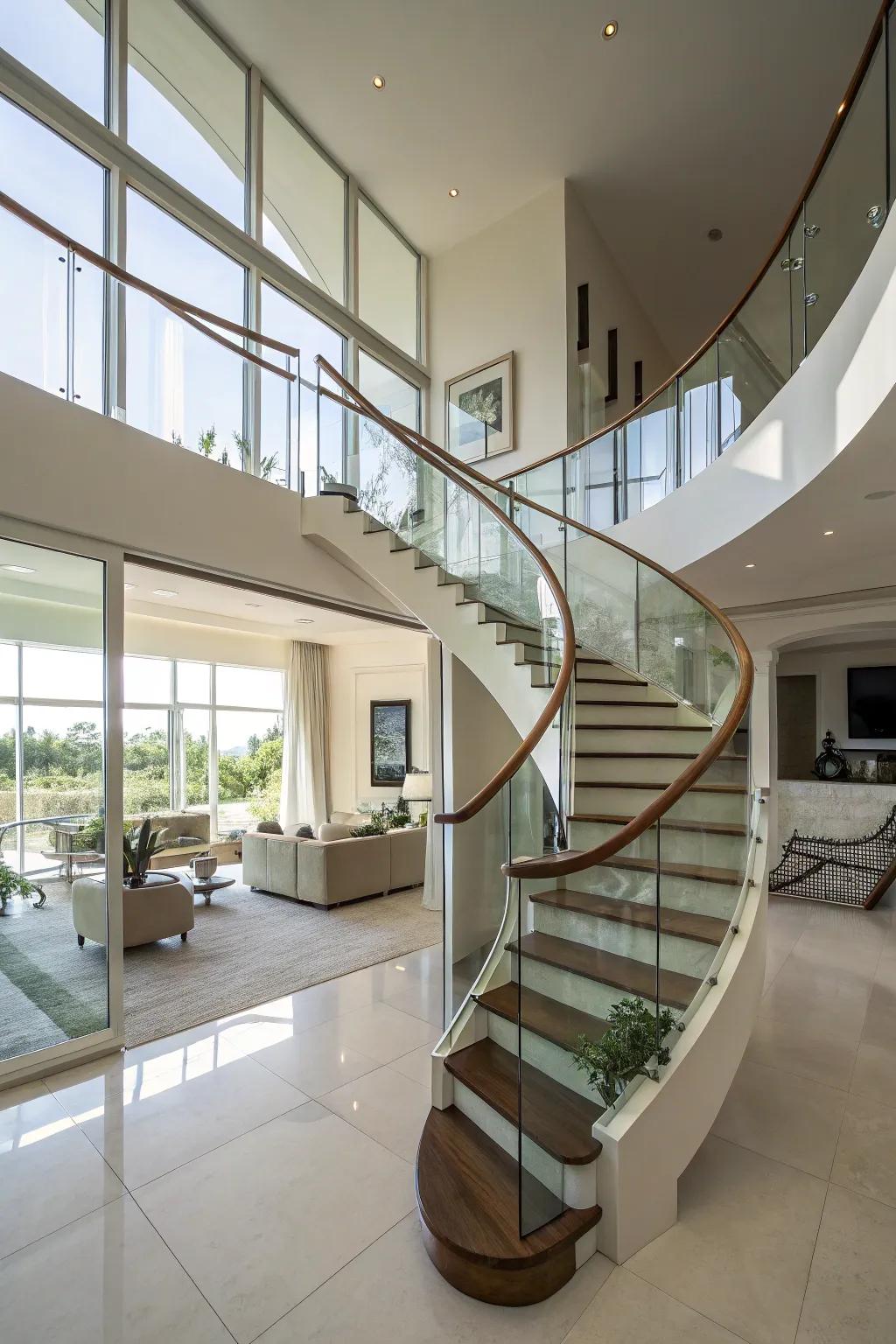 Curved glass railings bring sophistication and light to staircases.