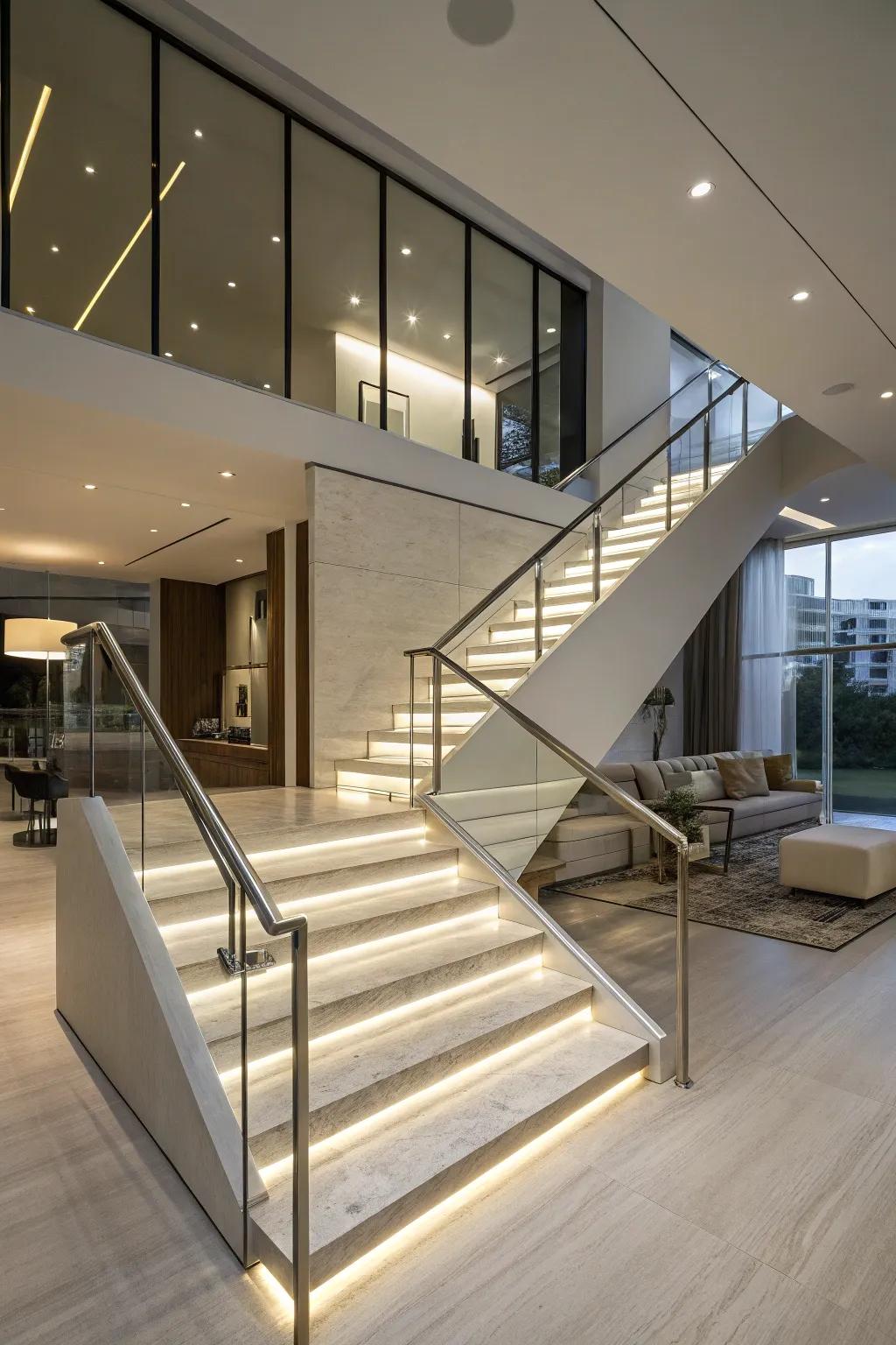 Handrails with built-in lighting combine safety and sleek design.