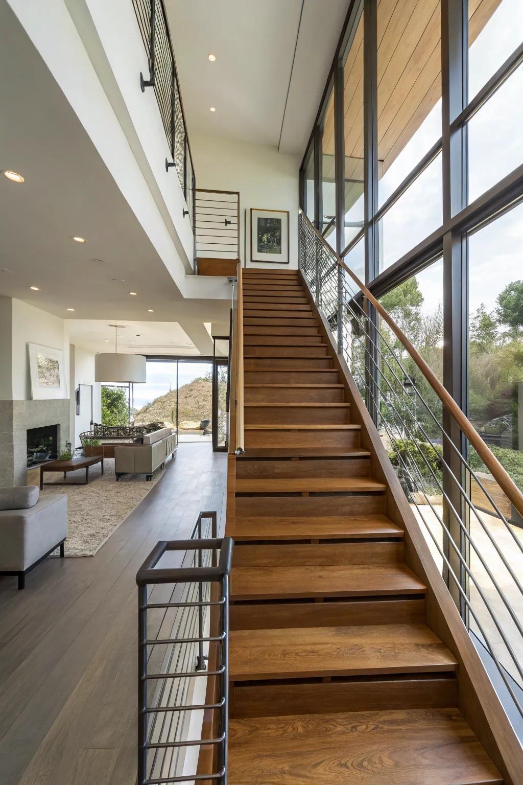 Wood and metal staircases blend warmth with contemporary style.