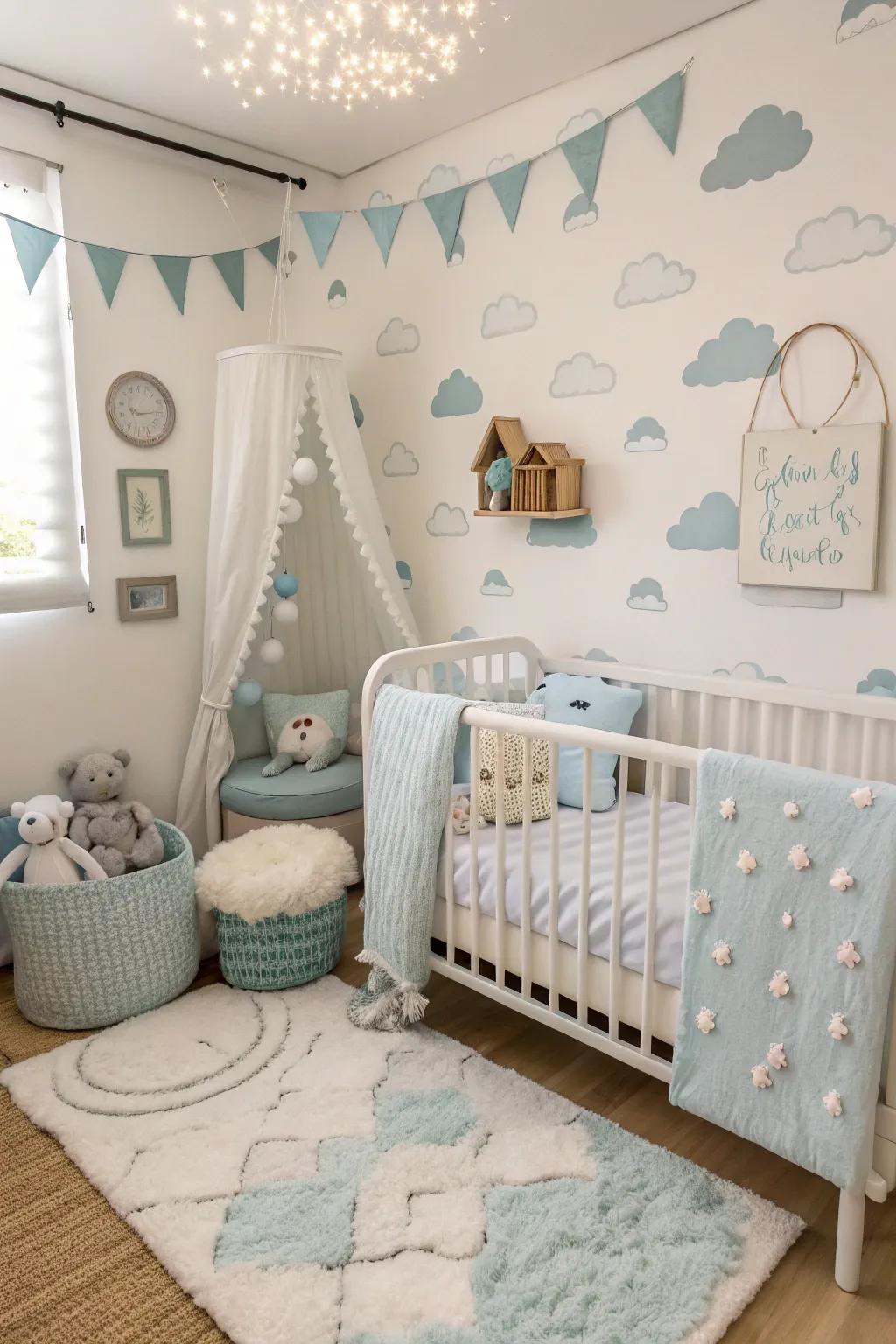 Relax in a soft, cloud-inspired nursery.