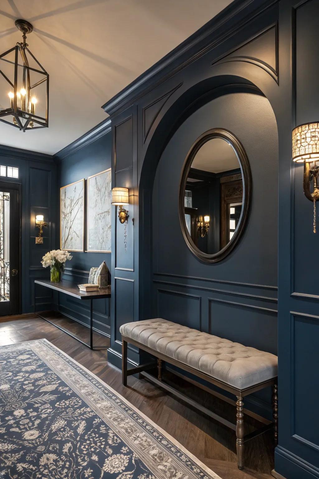 Dramatic navy blue entryway.