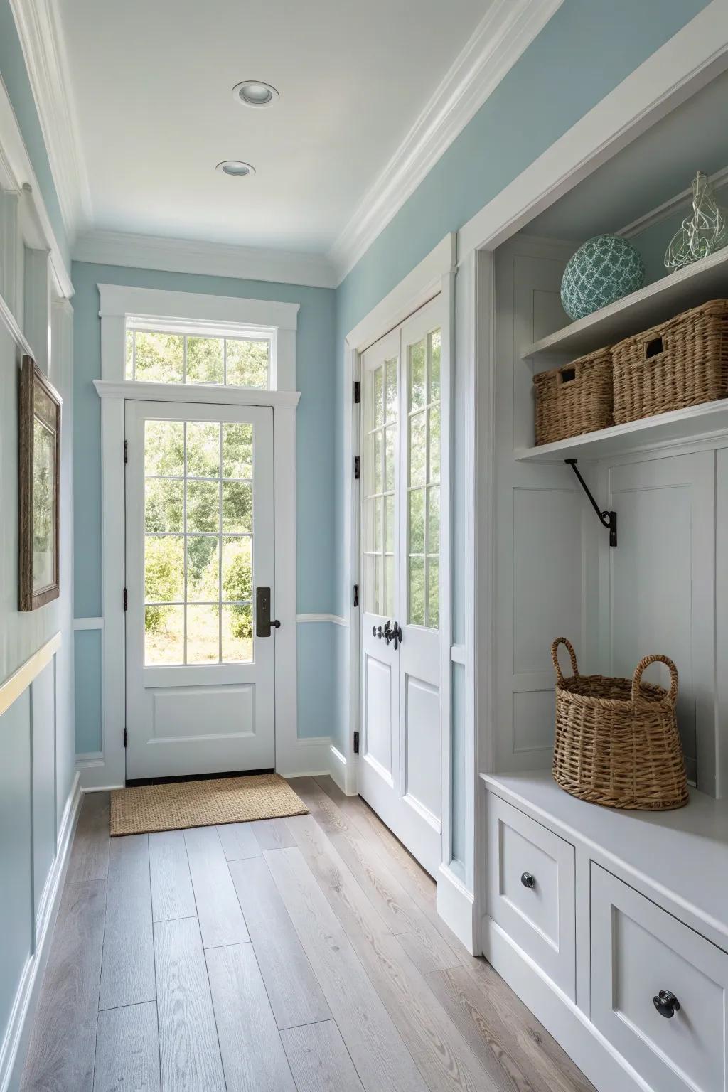 Pastel blue entryway creating a peaceful atmosphere.