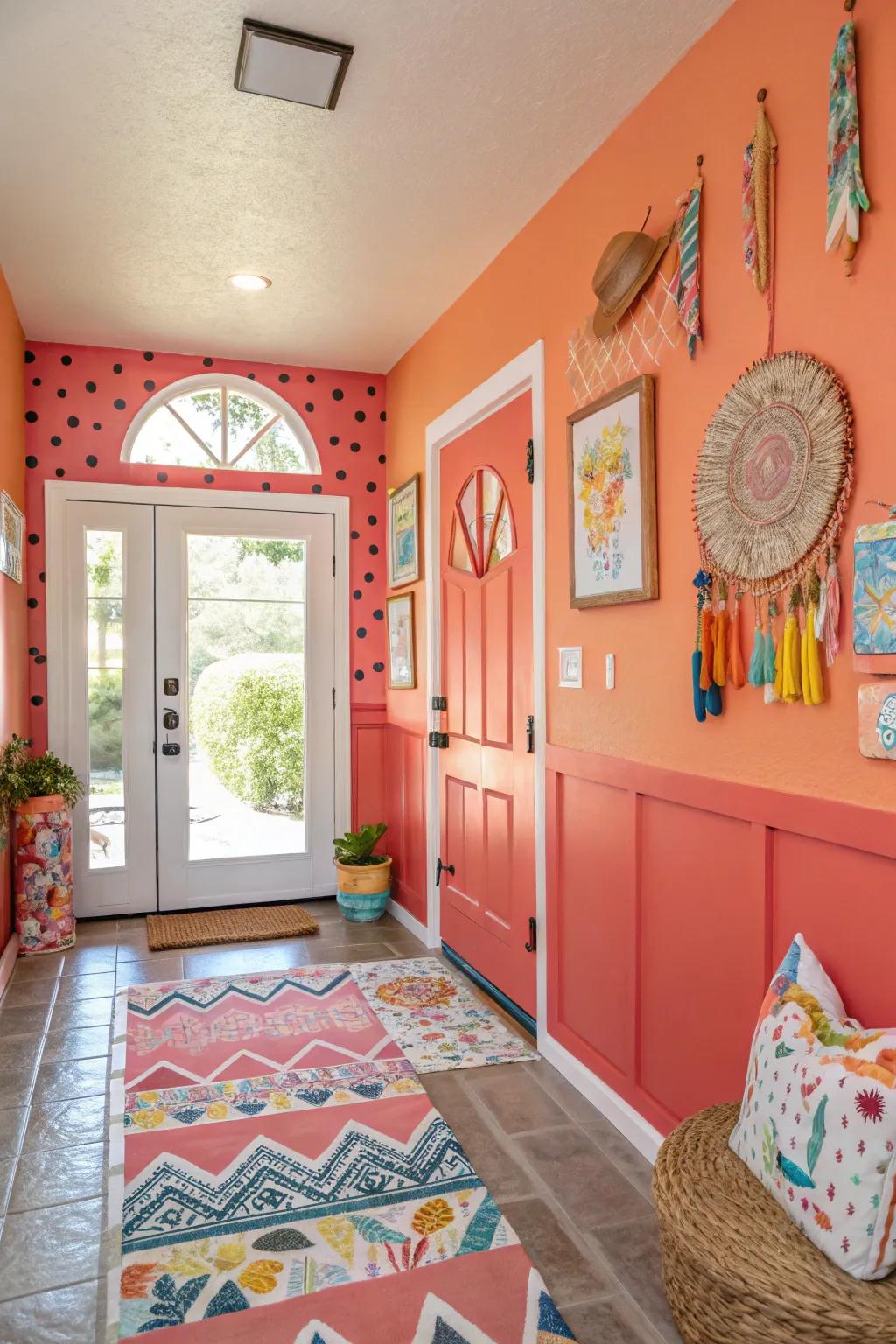 Vibrant coral entryway full of energy.