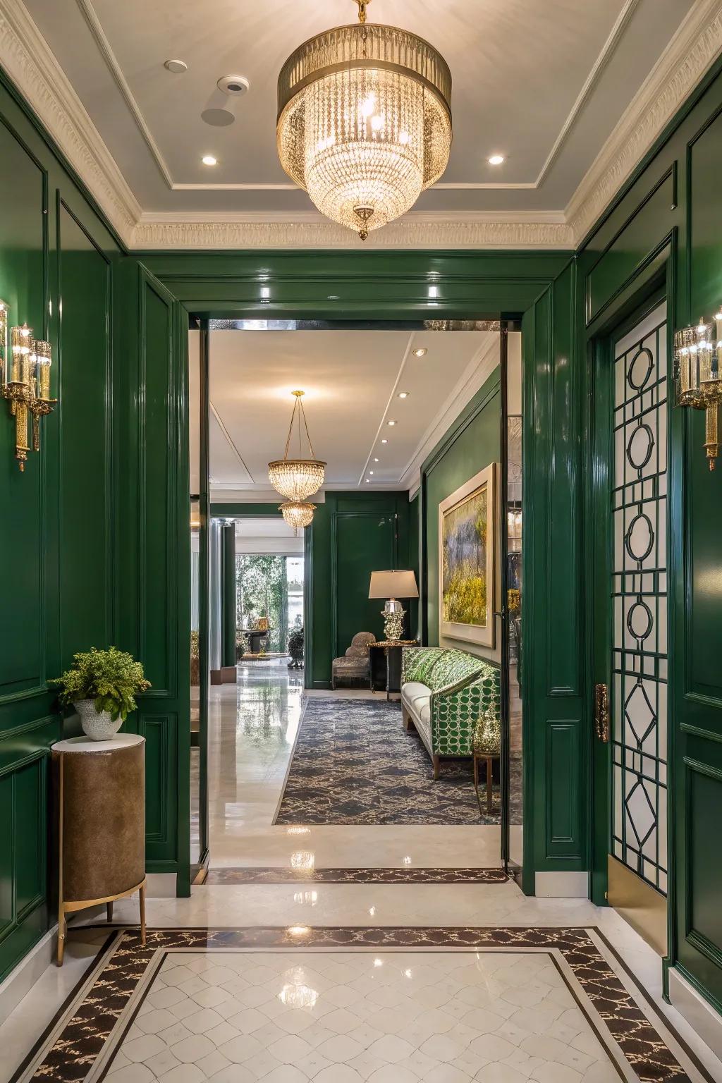 High-gloss emerald green entryway for luxury.