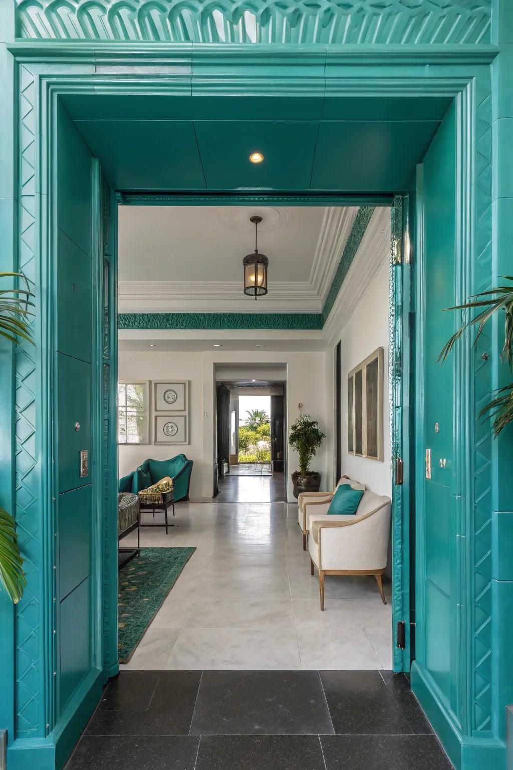 Deep aqua entryway with a luxurious feel.