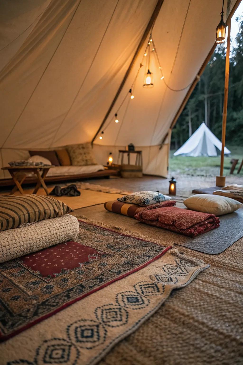 Add plush rugs for a warm and inviting tent floor.