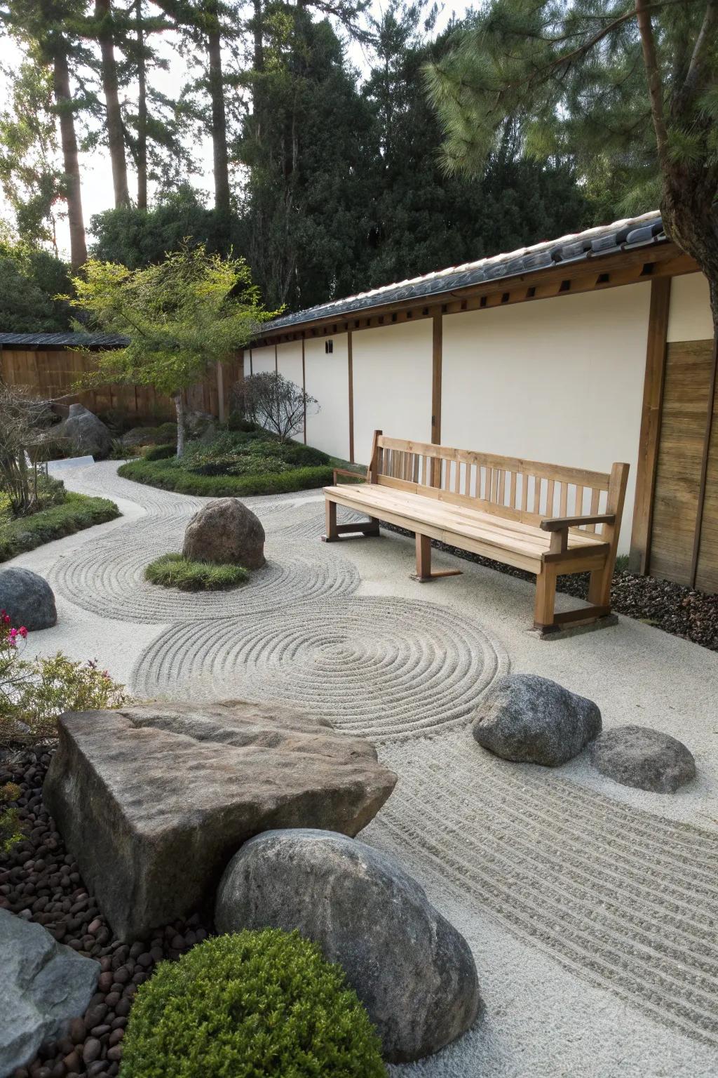 A zen garden with a minimalist wooden bench perfect for meditation and relaxation.
