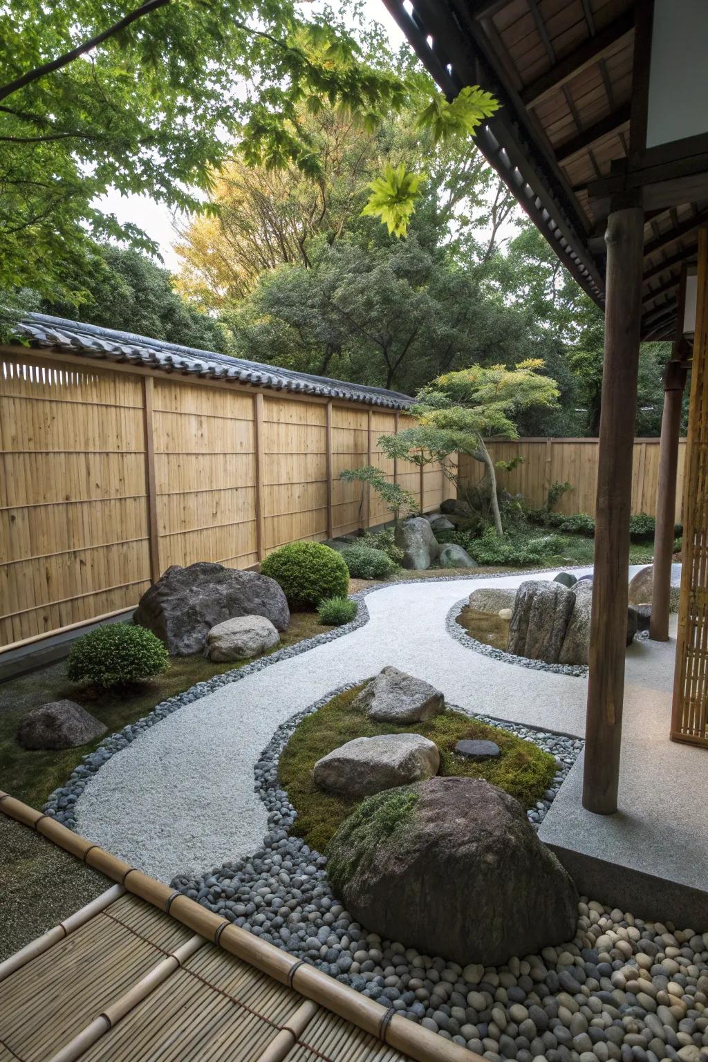 A zen garden enclosed by bamboo screens for privacy and natural beauty.