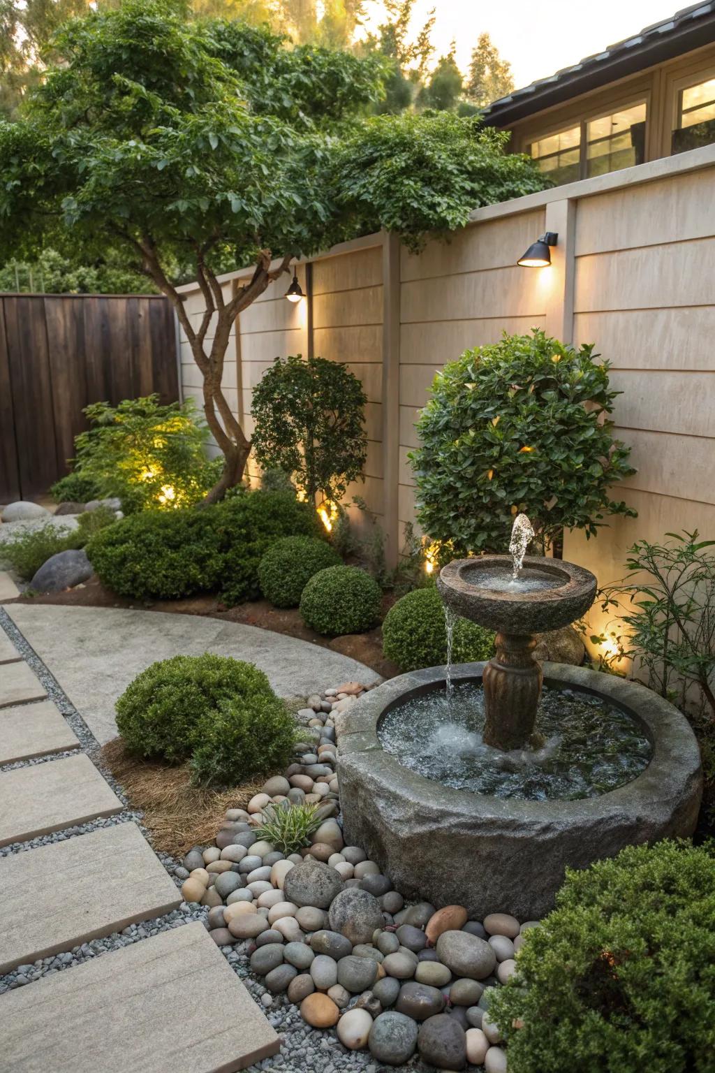 A peaceful zen garden with a small water fountain surrounded by greenery.