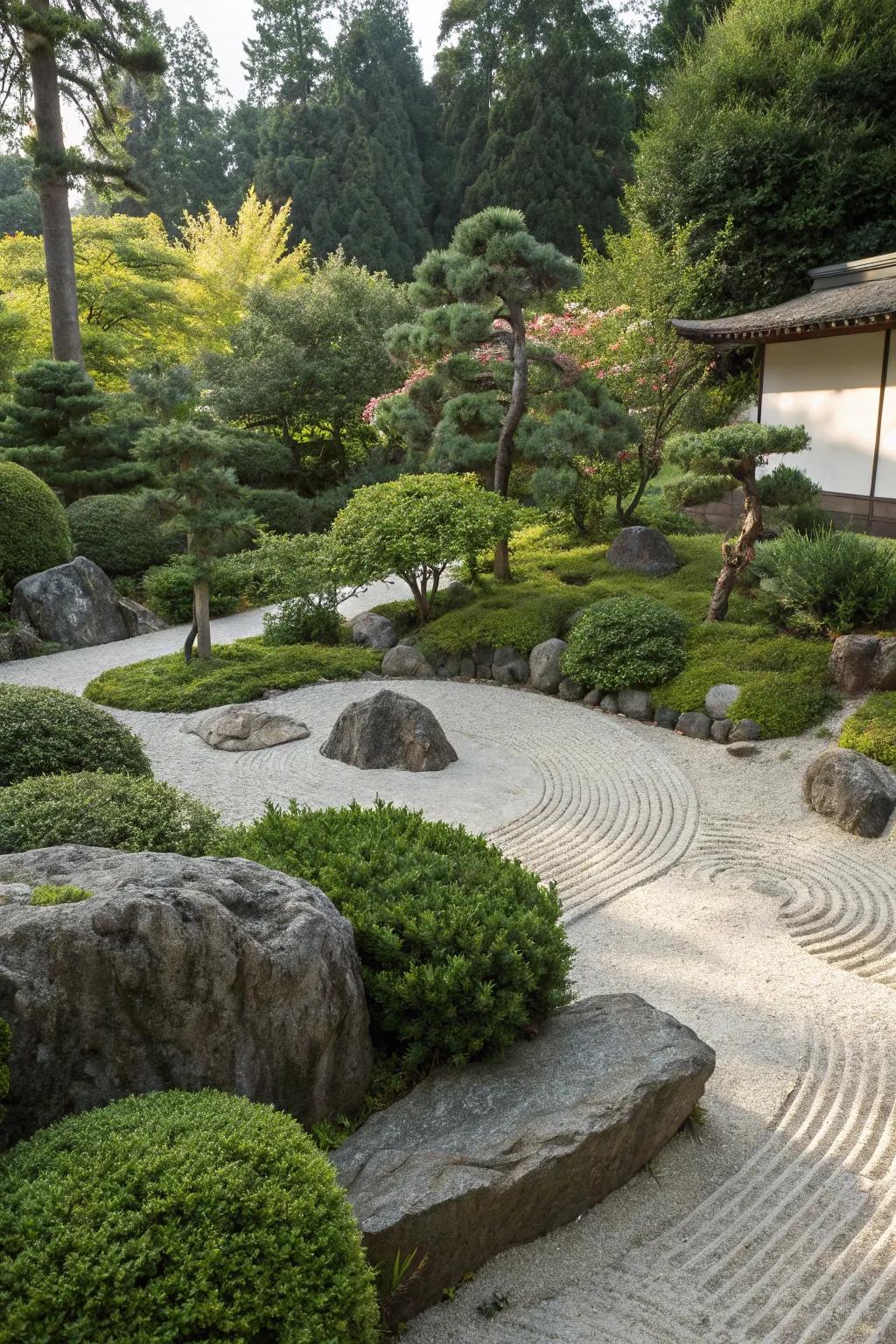A zen garden with layered shrubs and small trees adding depth and privacy.