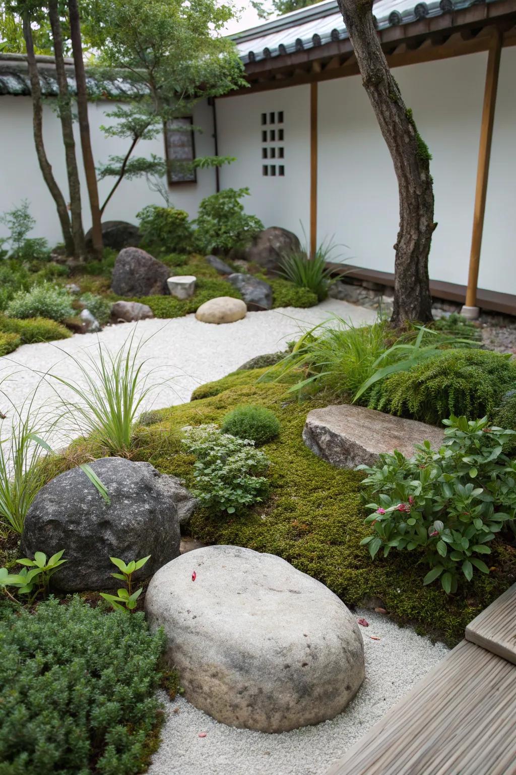 A zen garden with an asymmetrical arrangement of rocks and plants for dynamic balance.