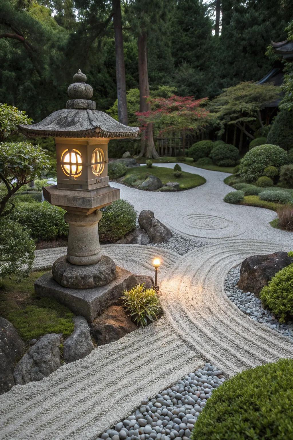 A zen garden featuring a traditional stone lantern surrounded by gravel and plants.