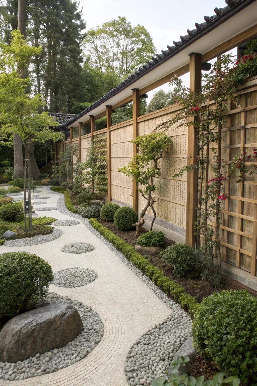 A zen garden with trellises and climbing plants adding height and visual interest.