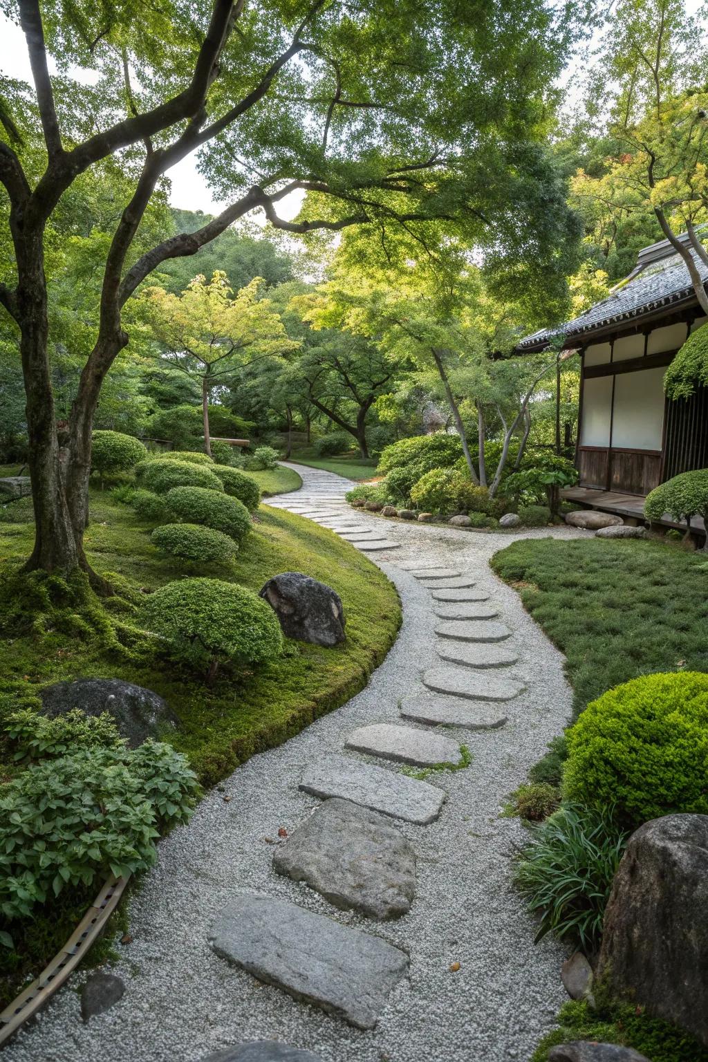 A zen garden with a winding stepping stone path through greenery and gravel.