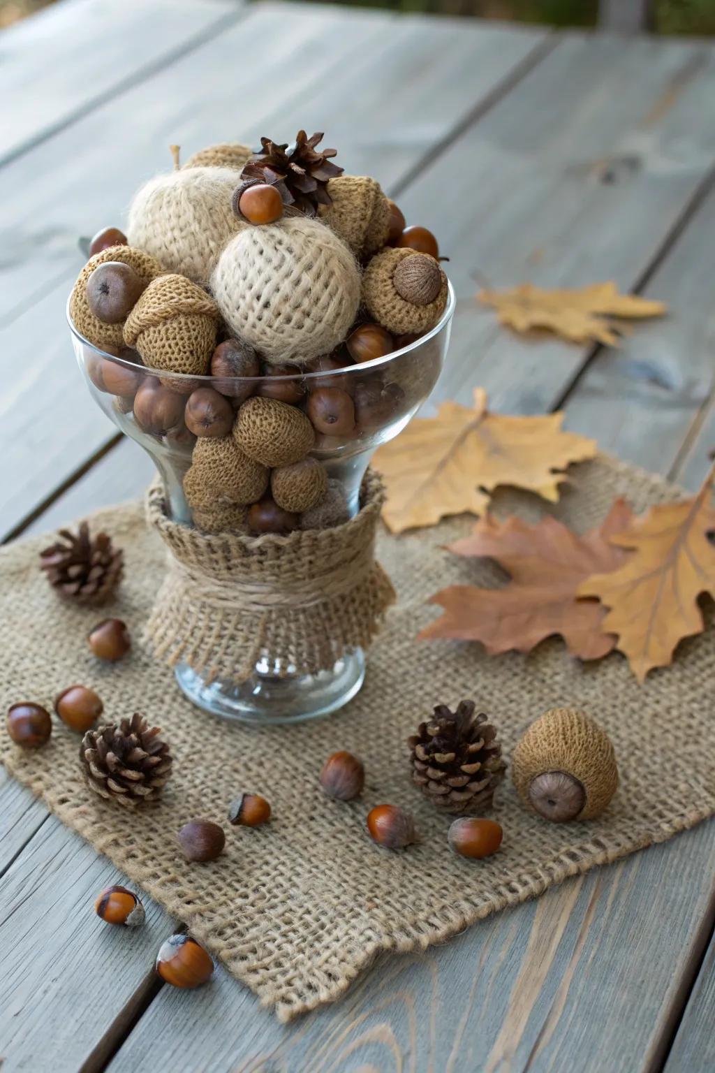 Artificial acorns paired with burlap create a cozy rustic vibe.
