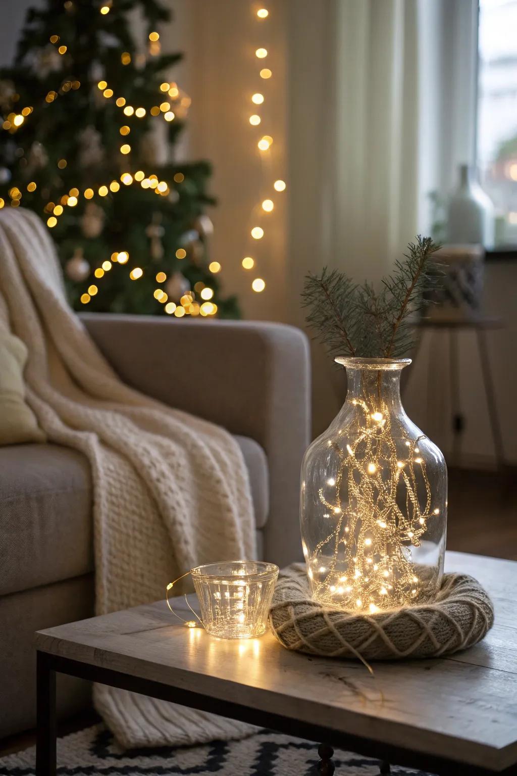 Fairy lights inside a vase create a warm, magical ambiance.
