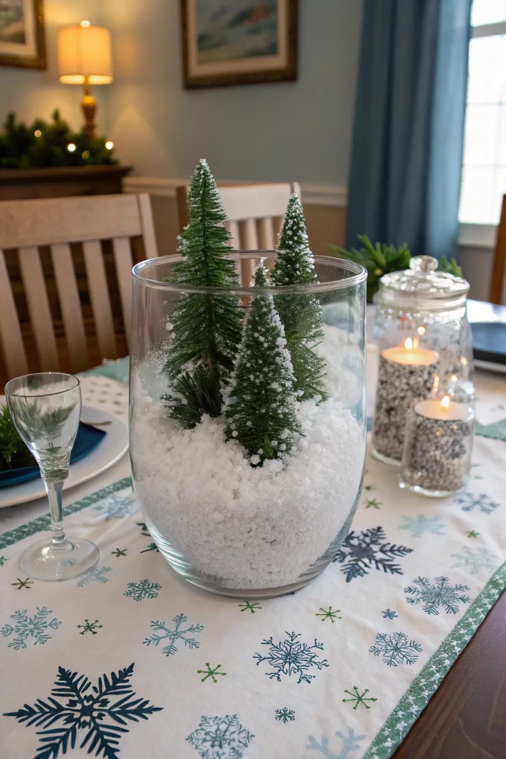 Faux snow and tiny trees create a charming winter vignette.