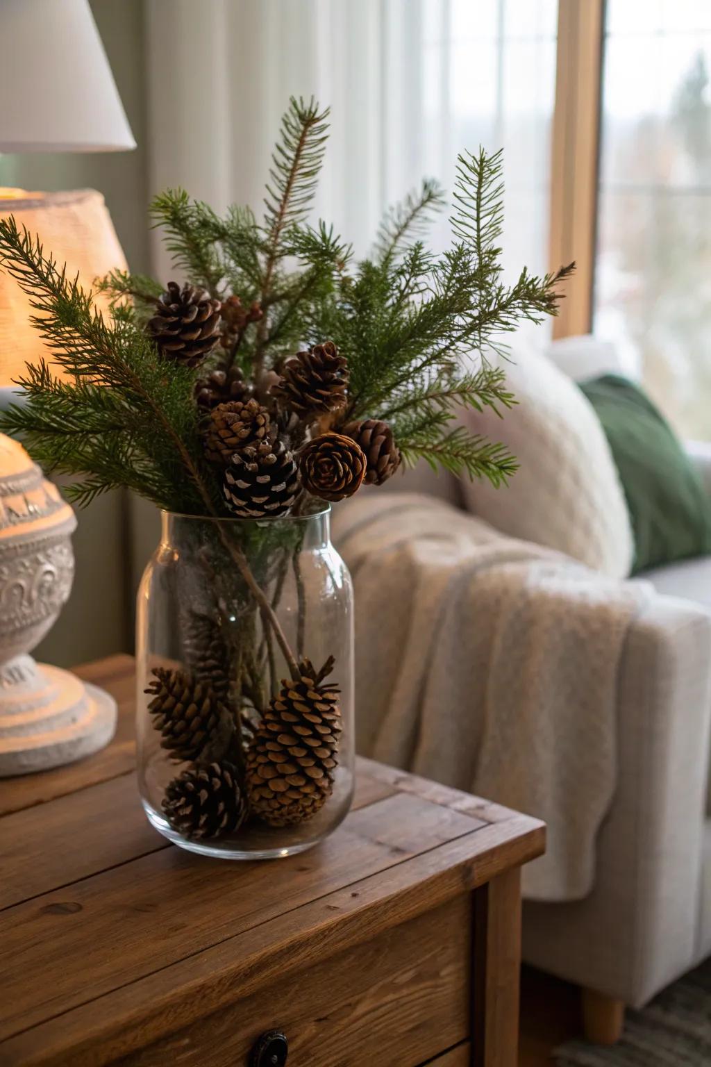 Pinecones and fresh greenery create a timeless holiday centerpiece.