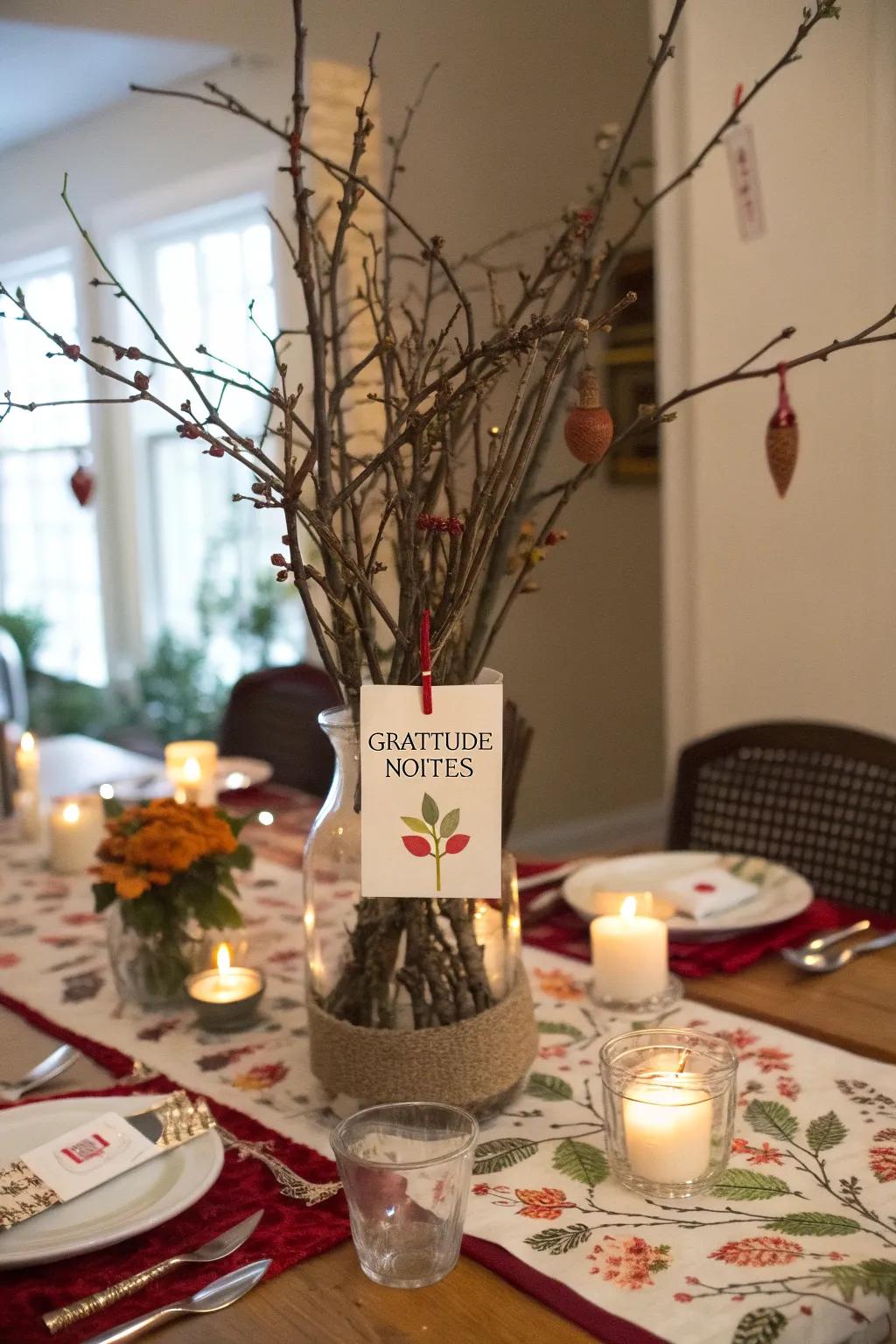 A Thankful Tree centerpiece encourages sharing gratitude during the holidays.